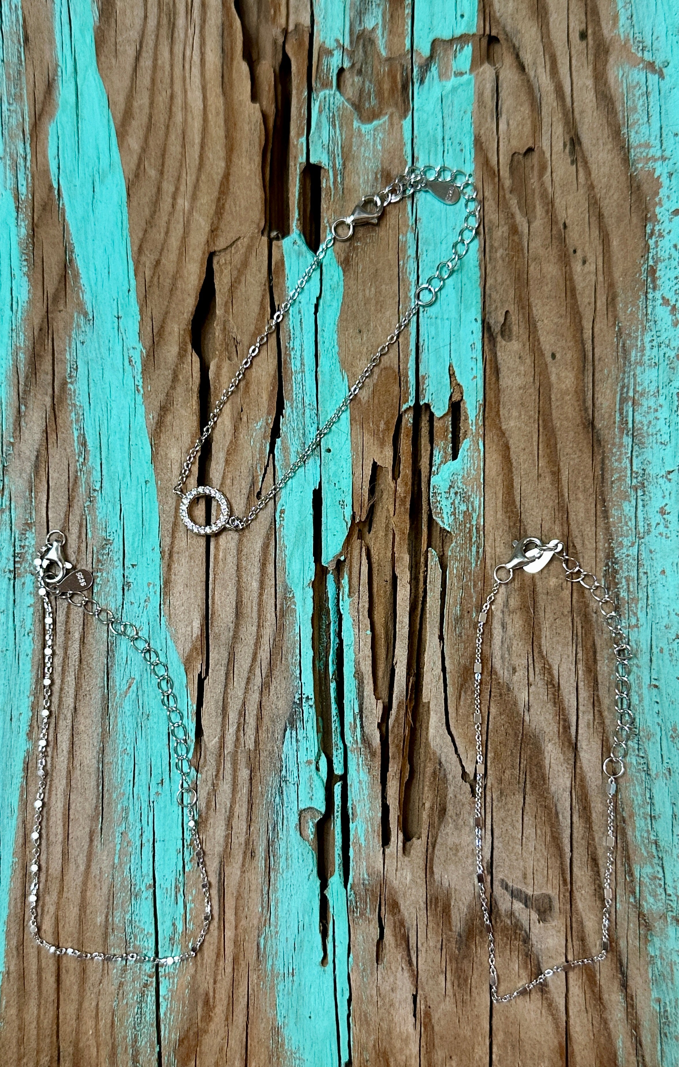 Sterling Silver CZ Circle & Chain Bracelet Set of 3