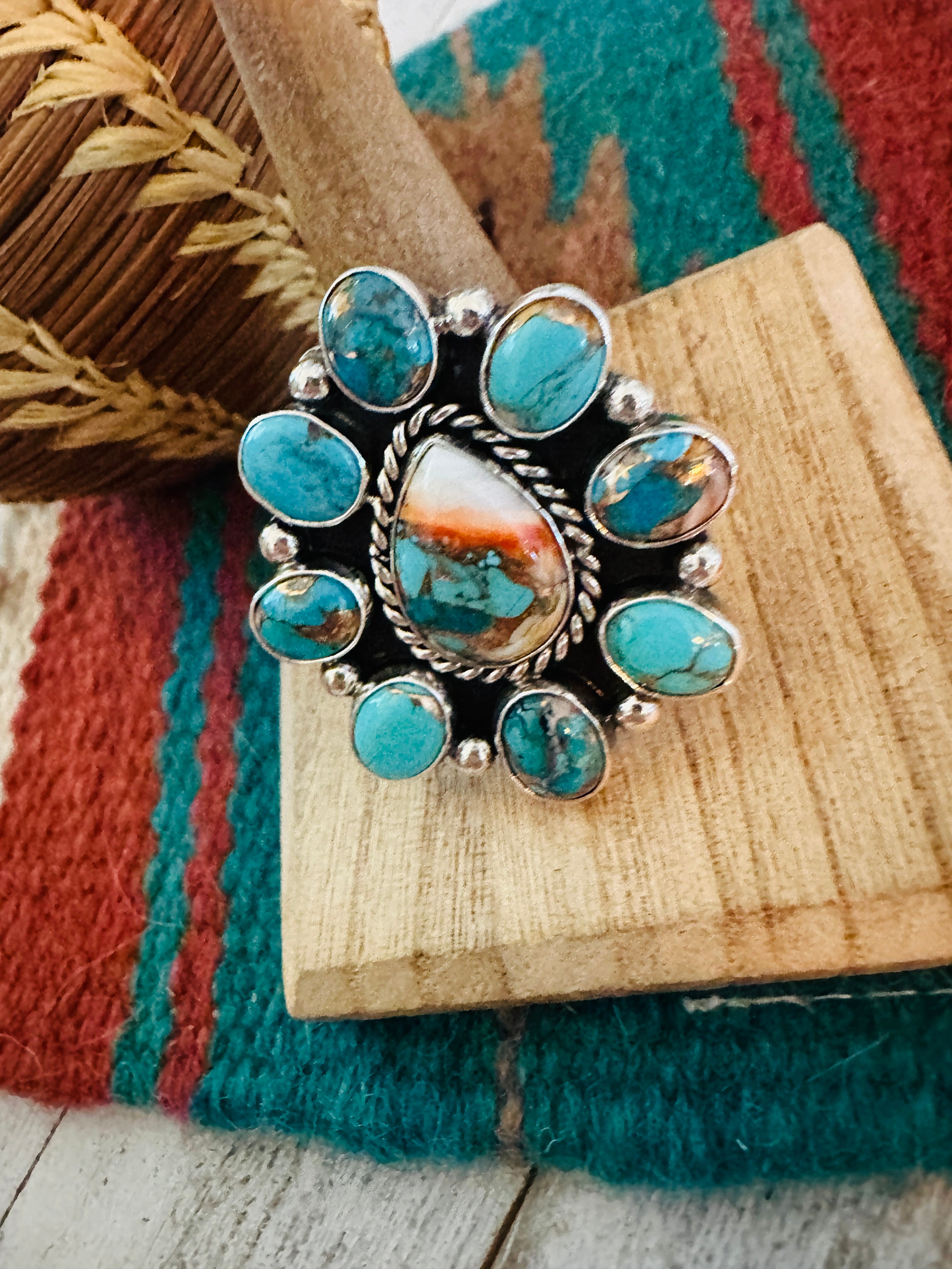 Navajo Sterling Silver & Multi Stone Spice Cluster Adjustable Ring