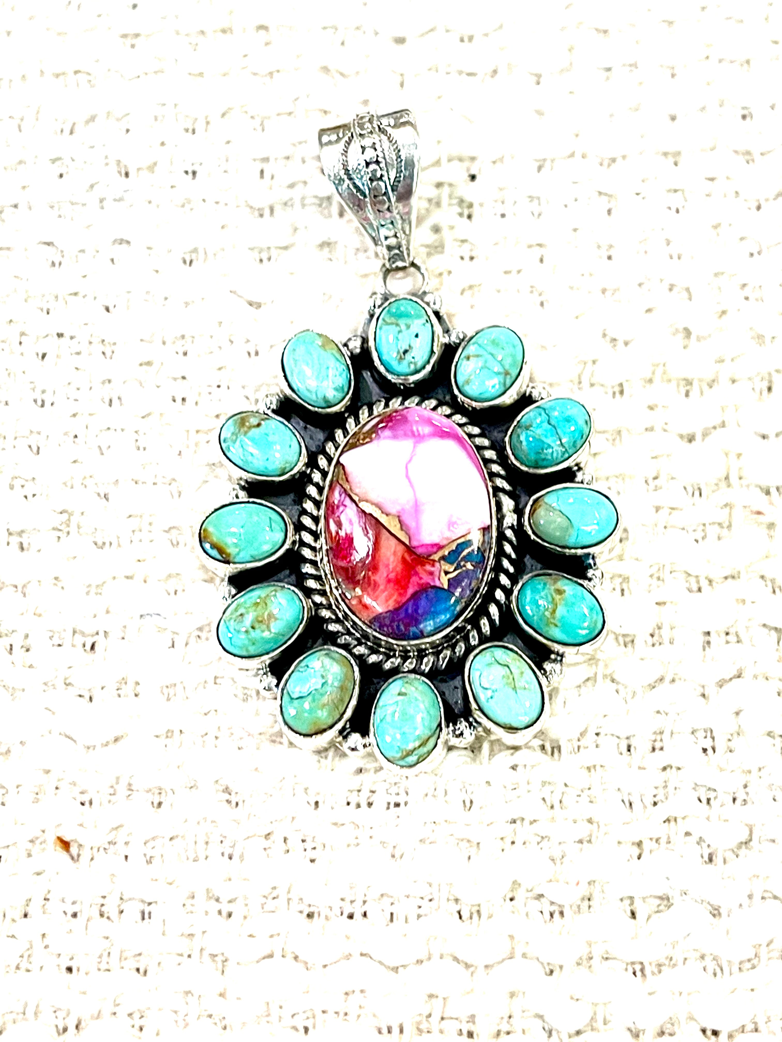 Handmade Sterling Silver,Turquoise & Pink Dream Mojave Cluster Pendant