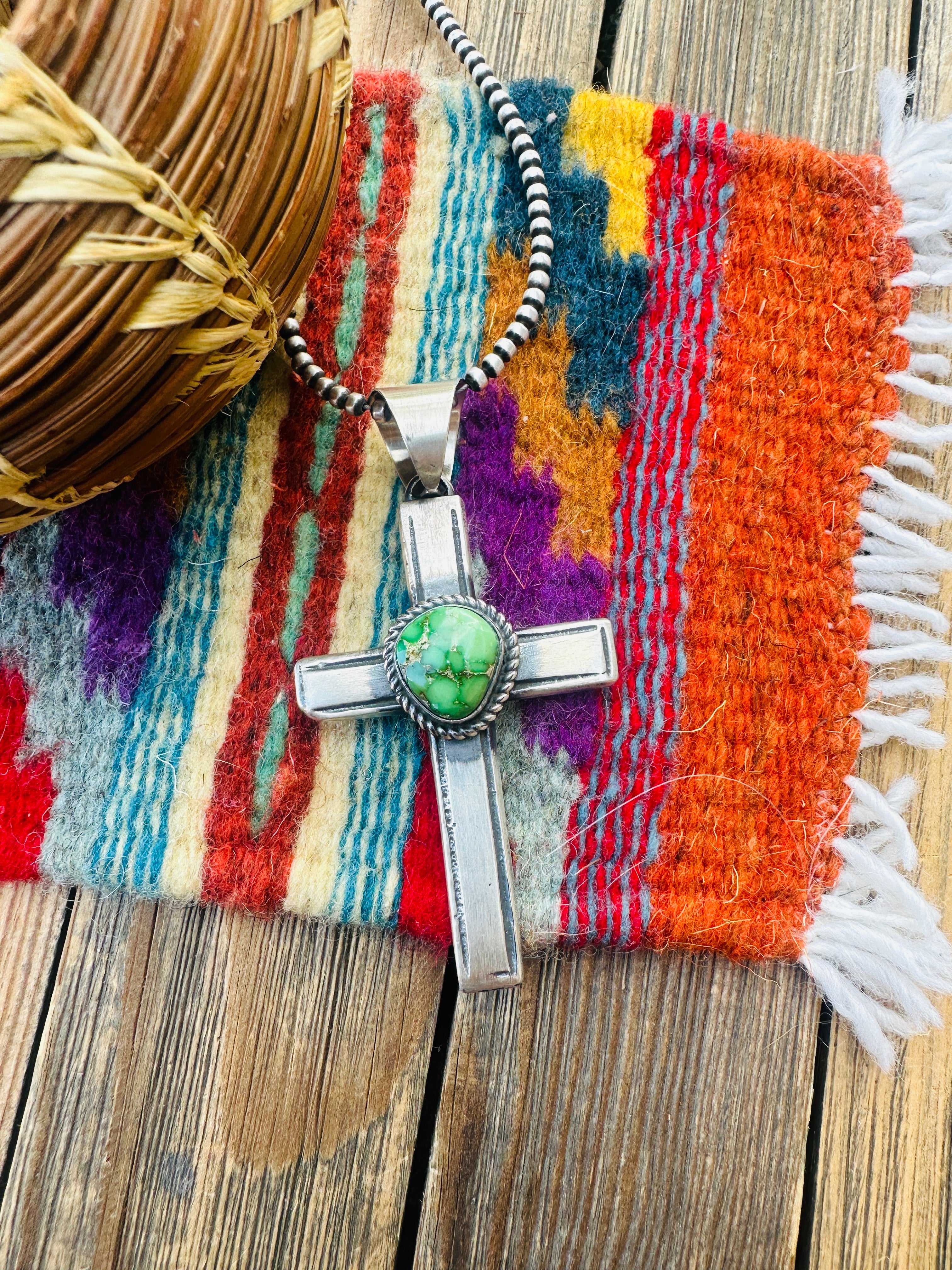 Handcrafted Sonoran Mountain Turquoise & Sterling Silver Cross Pendant by Chimney Butte
