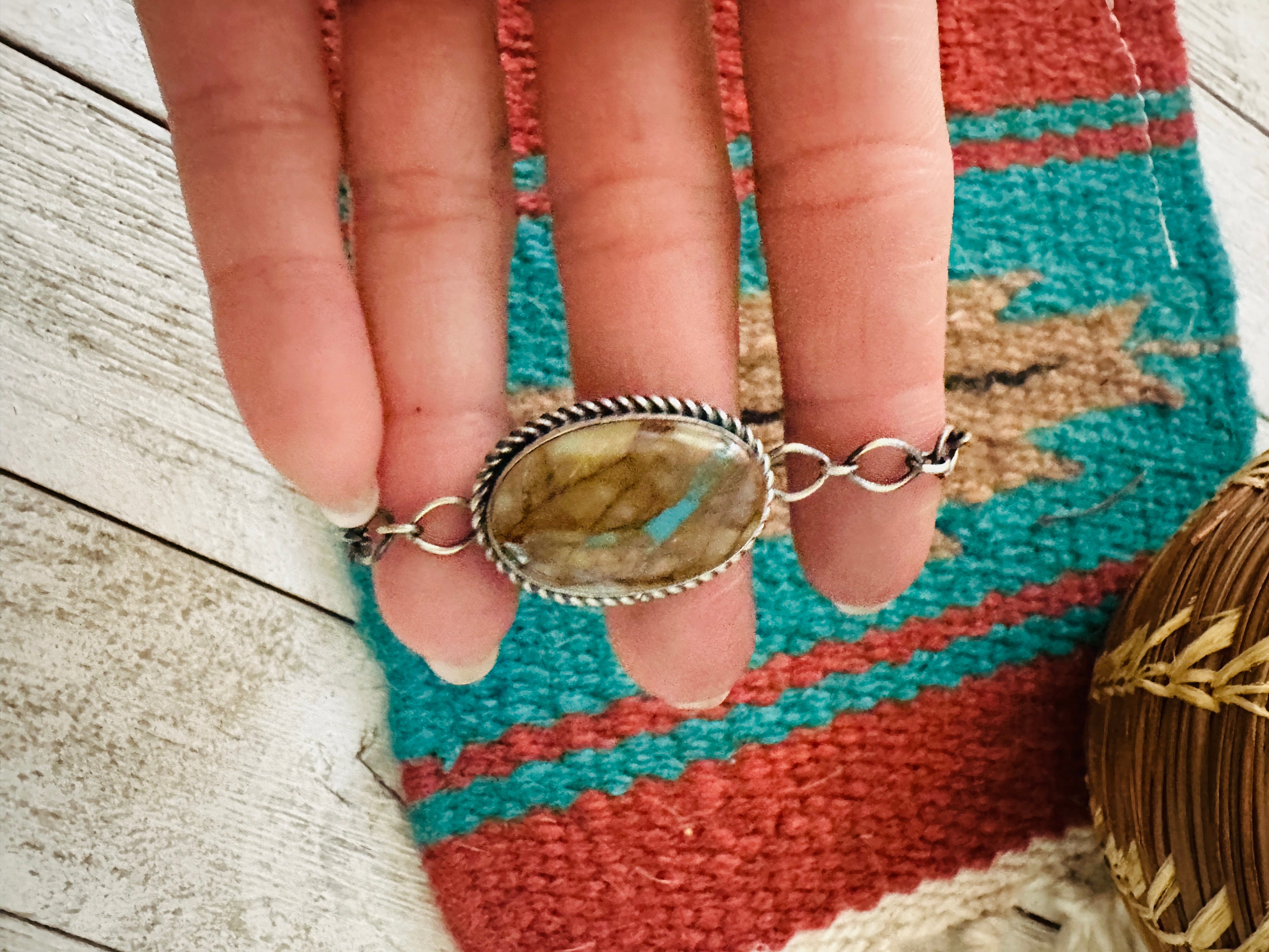 Navajo Ribbon Turquoise & Sterling Silver Chain Bracelet