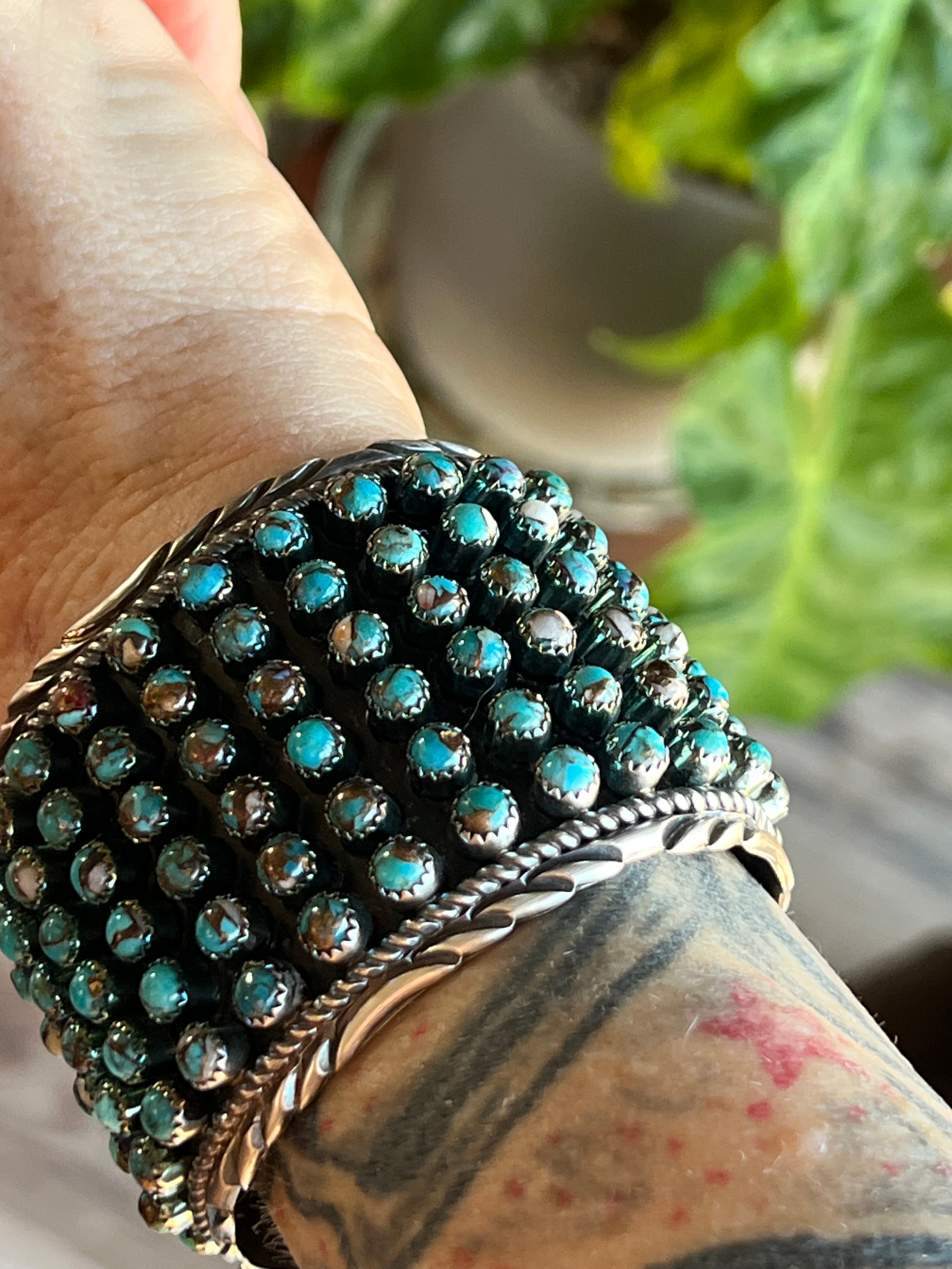 Handcrafted Sterling Silver and Blue Mohave Snake Eye Style Six Row Cuff Bracelet, Signed BJ