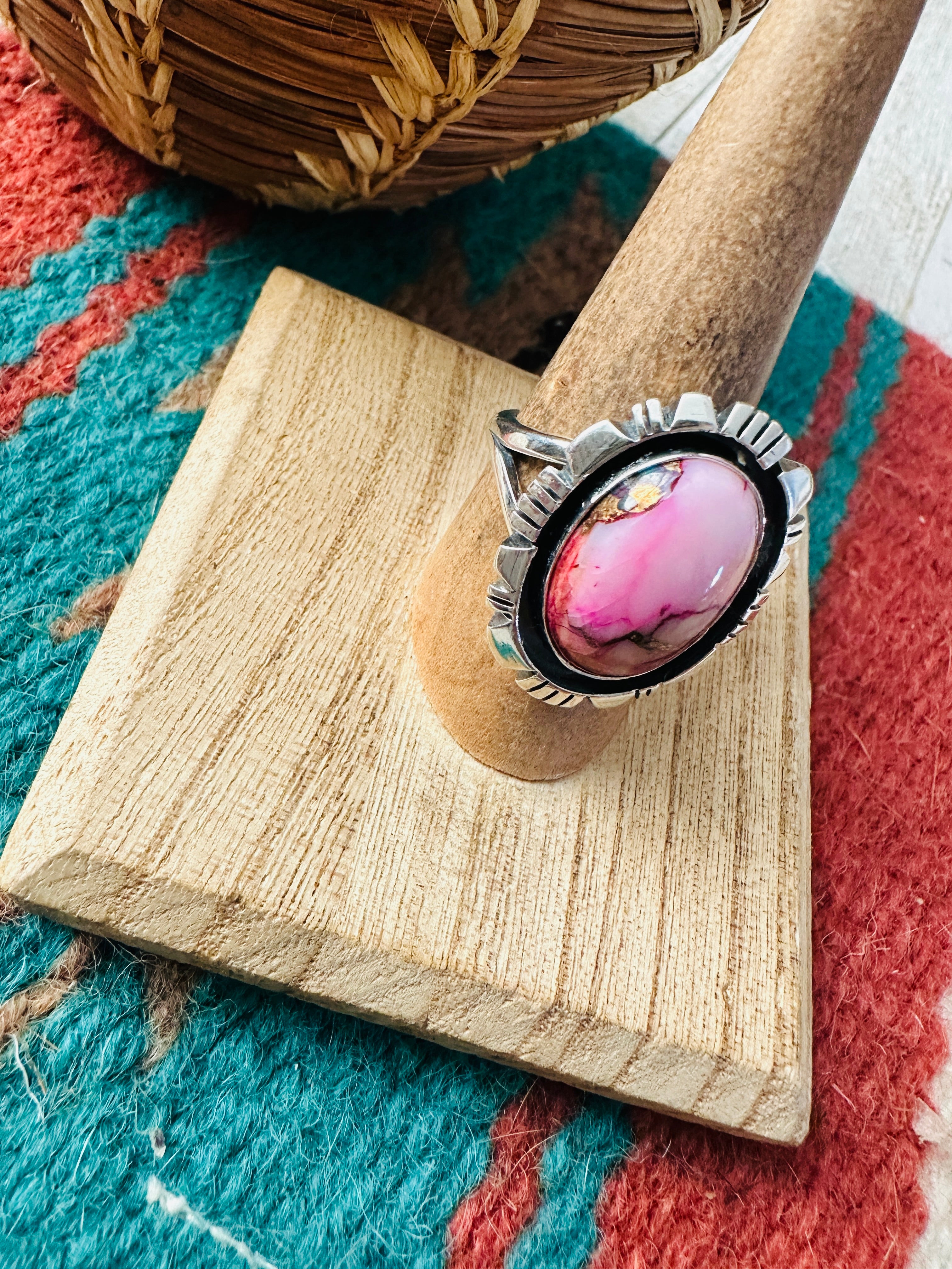 Navajo Sterling Silver & Pink Dream Mojave Adjustable Ring