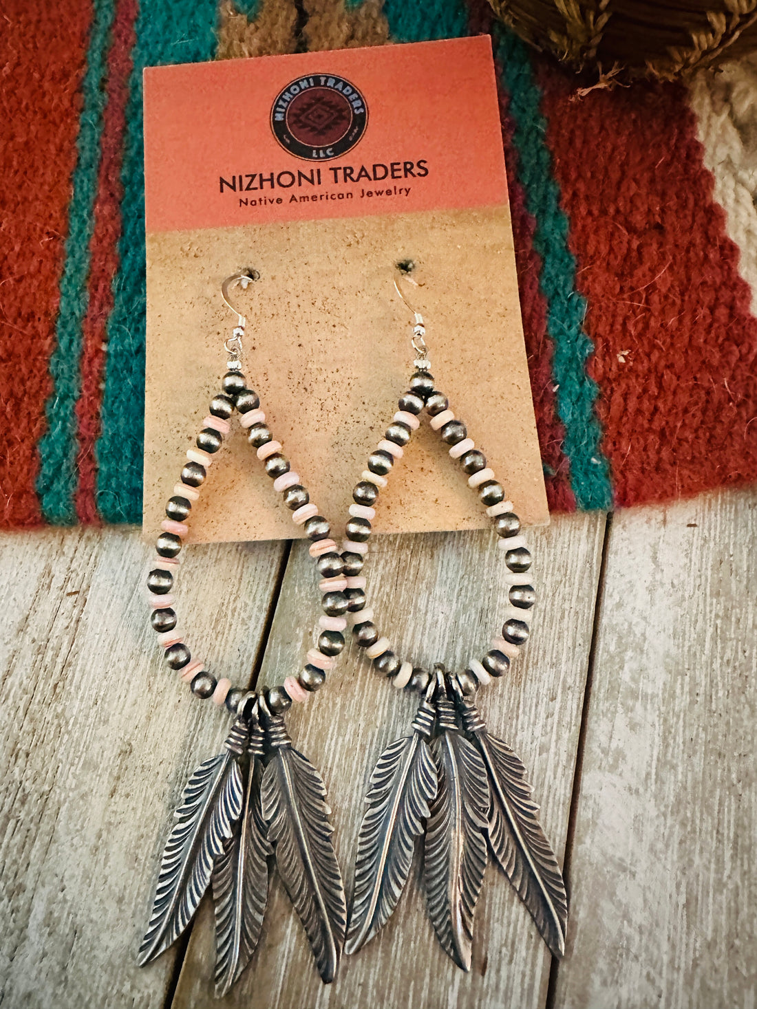 Queen Pink Conch & Sterling Silver Pearl Feather Beaded Hoop Earrings