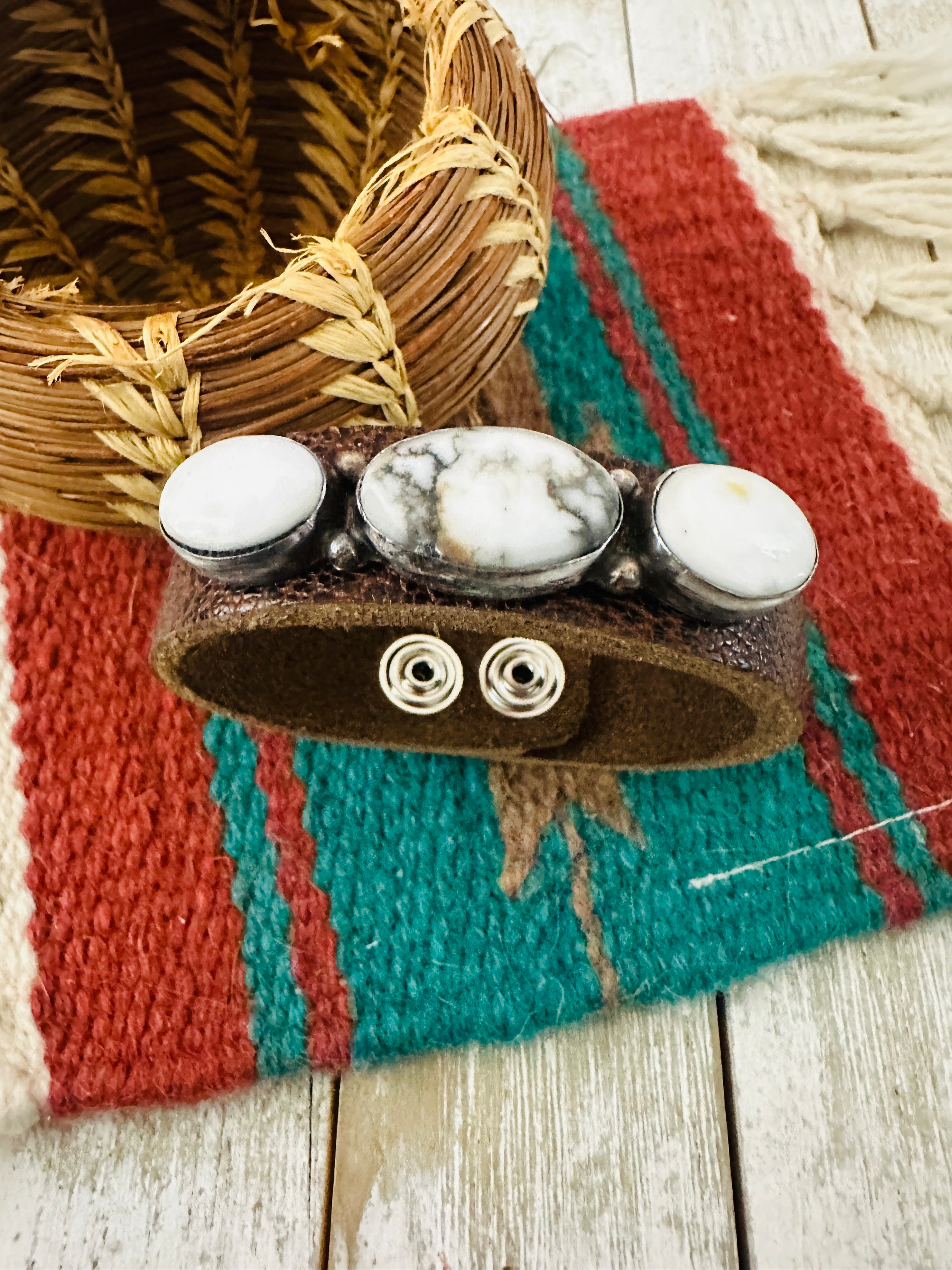 Handcrafted White Buffalo & Sterling Silver Leather Bracelet