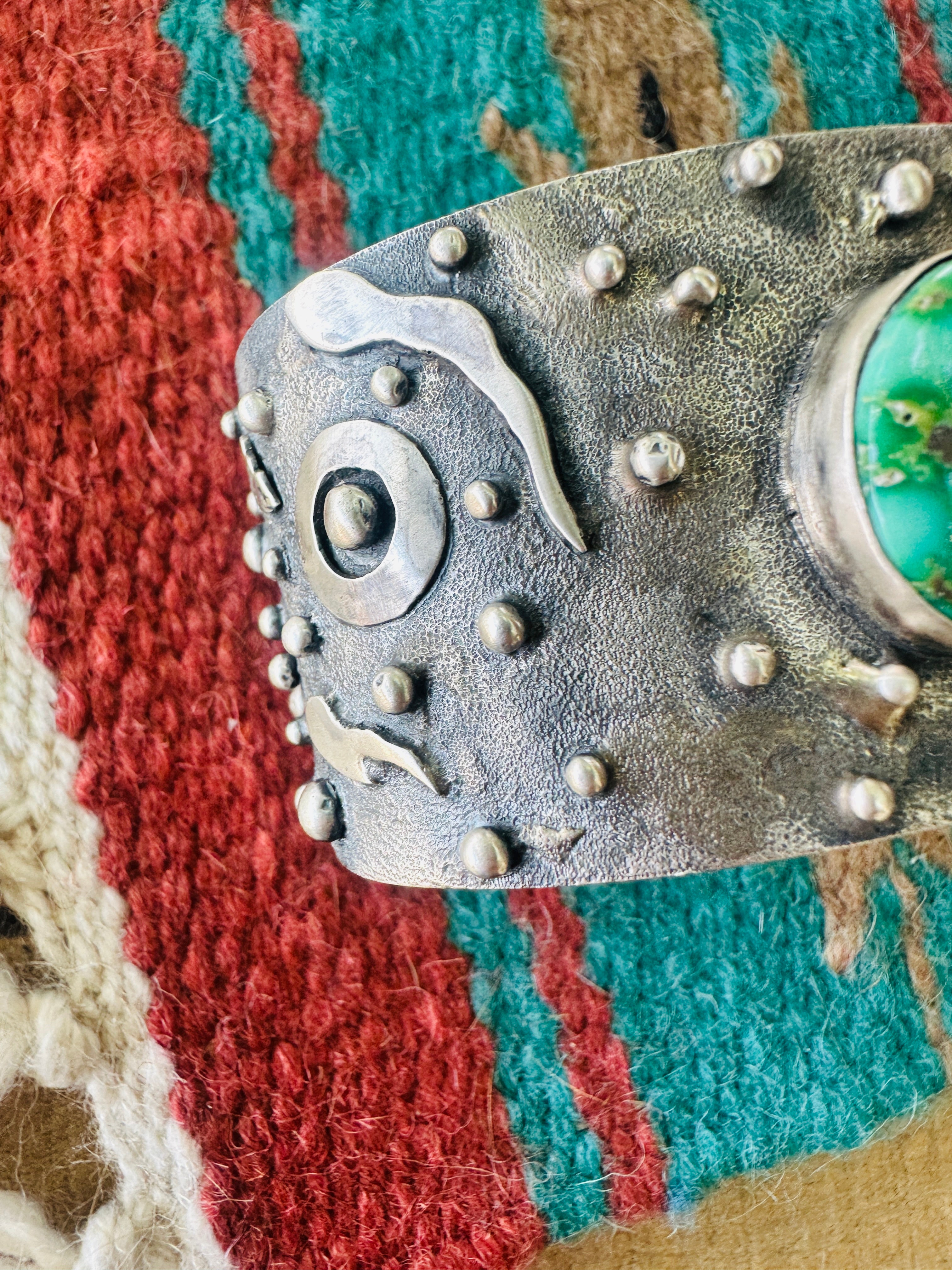 Handcrafted Sonoran Mountain Turquoise and Sterling Silver Story Teller Cuff Bracelet by Randy Billy