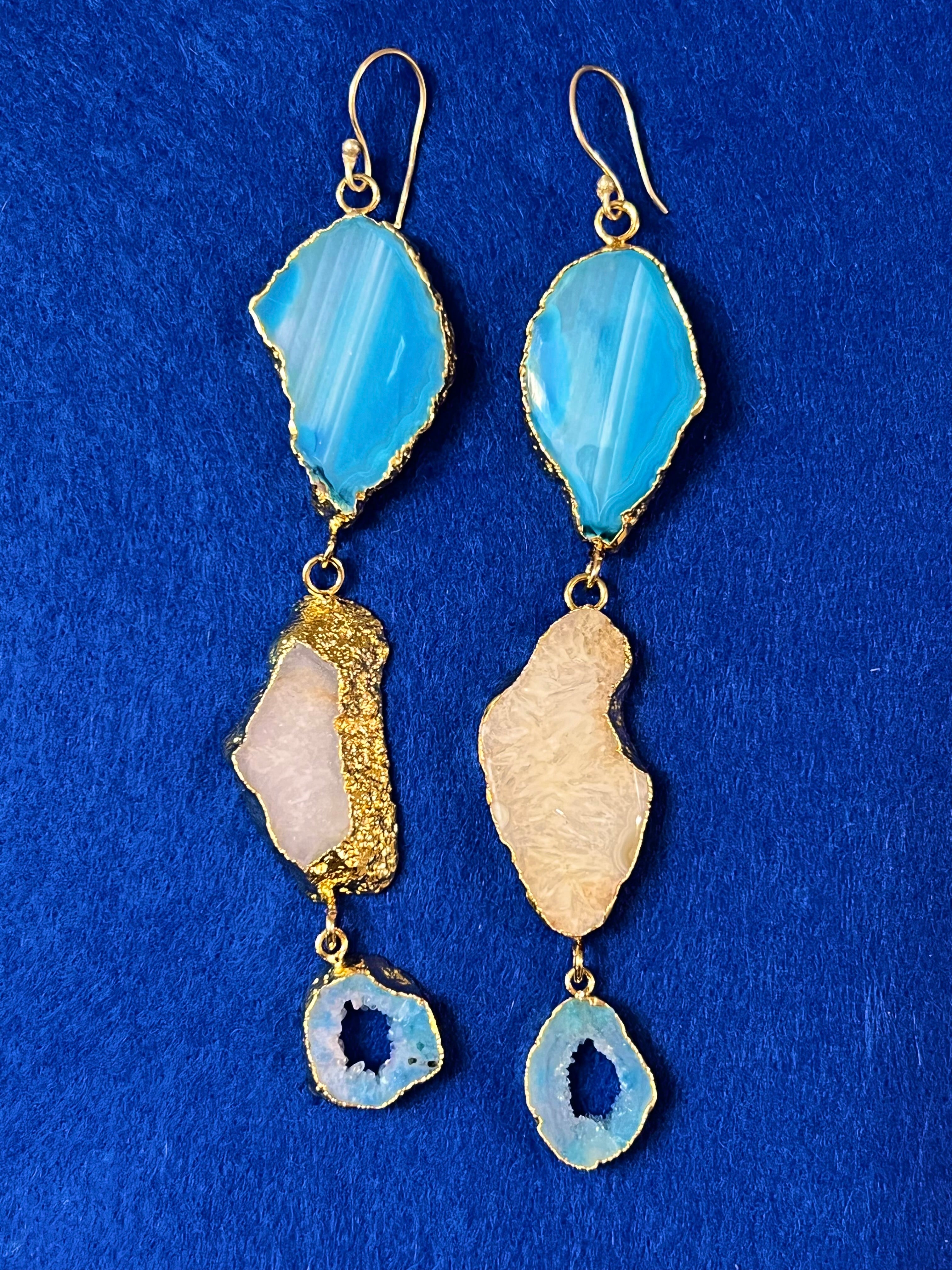 Handmade 14k Gold Druzy Plated Brass 3-Stone White & Blue Geode Dangle Wire Earrings