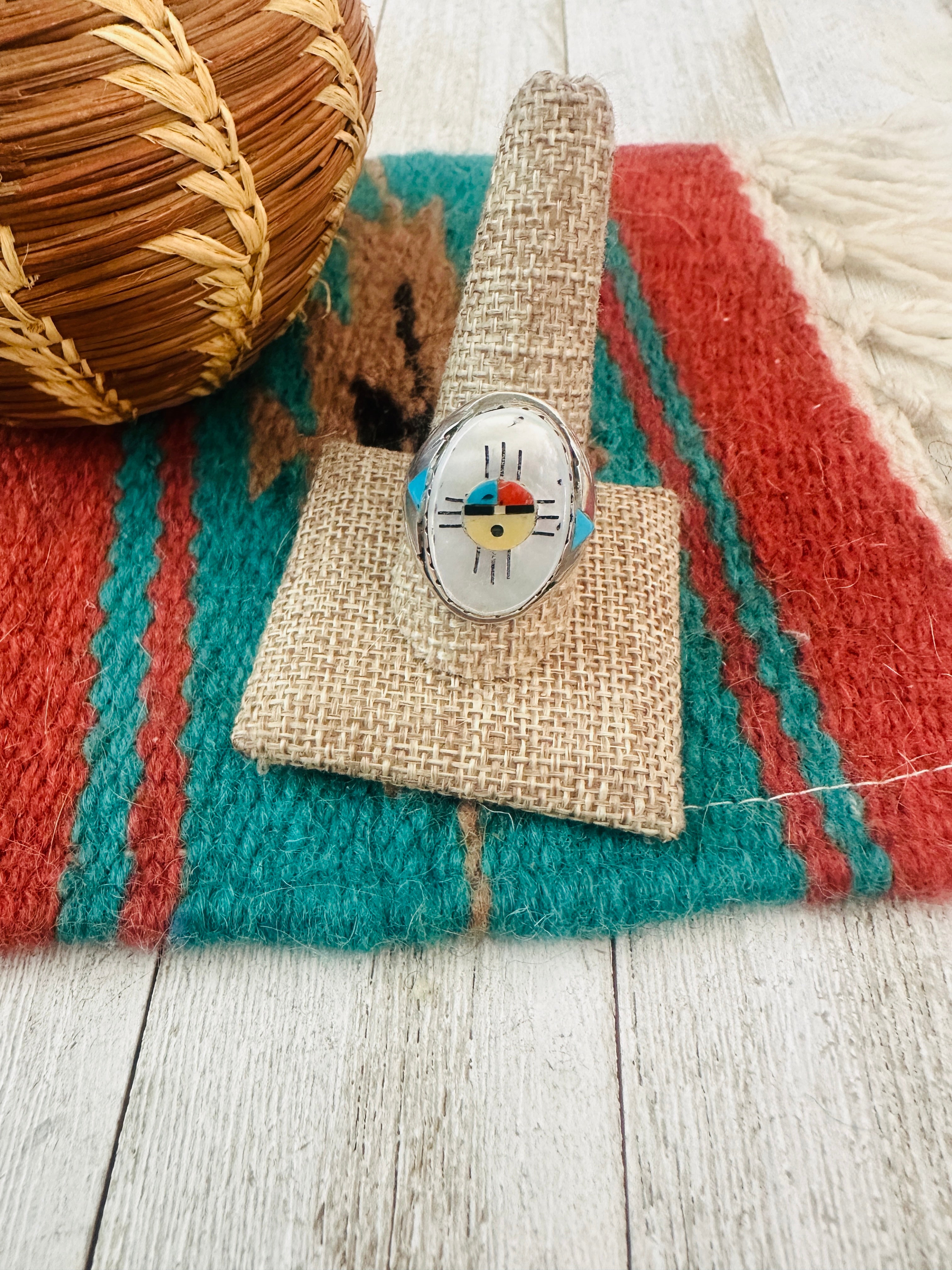 Handcrafted Old Pawn Sterling Silver & Multi Stone Inlay Sun Face Ring Size 11