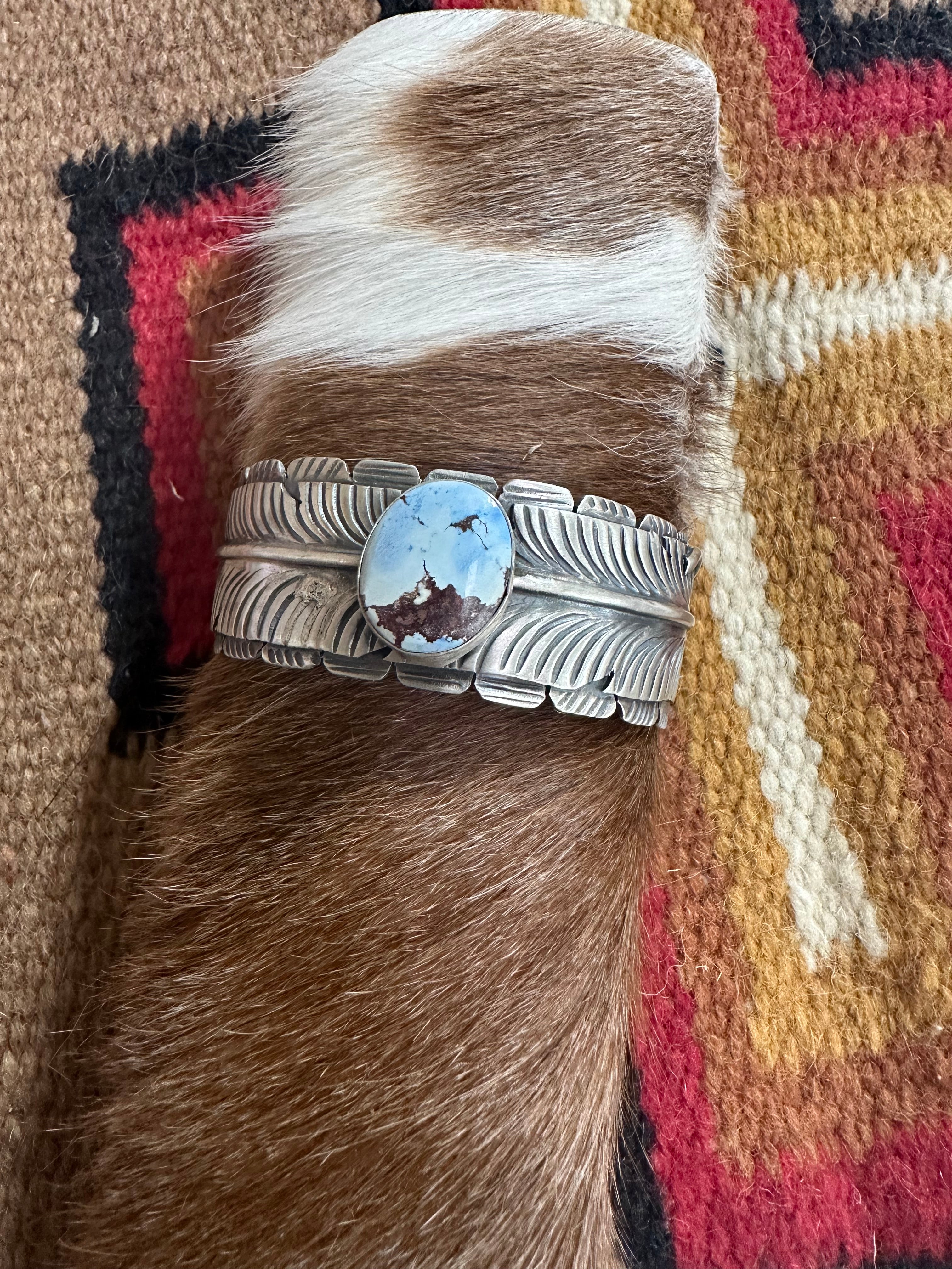 Navajo Golden Hill Turquoise & Sterling Silver Cuff Bracelet Signed KM