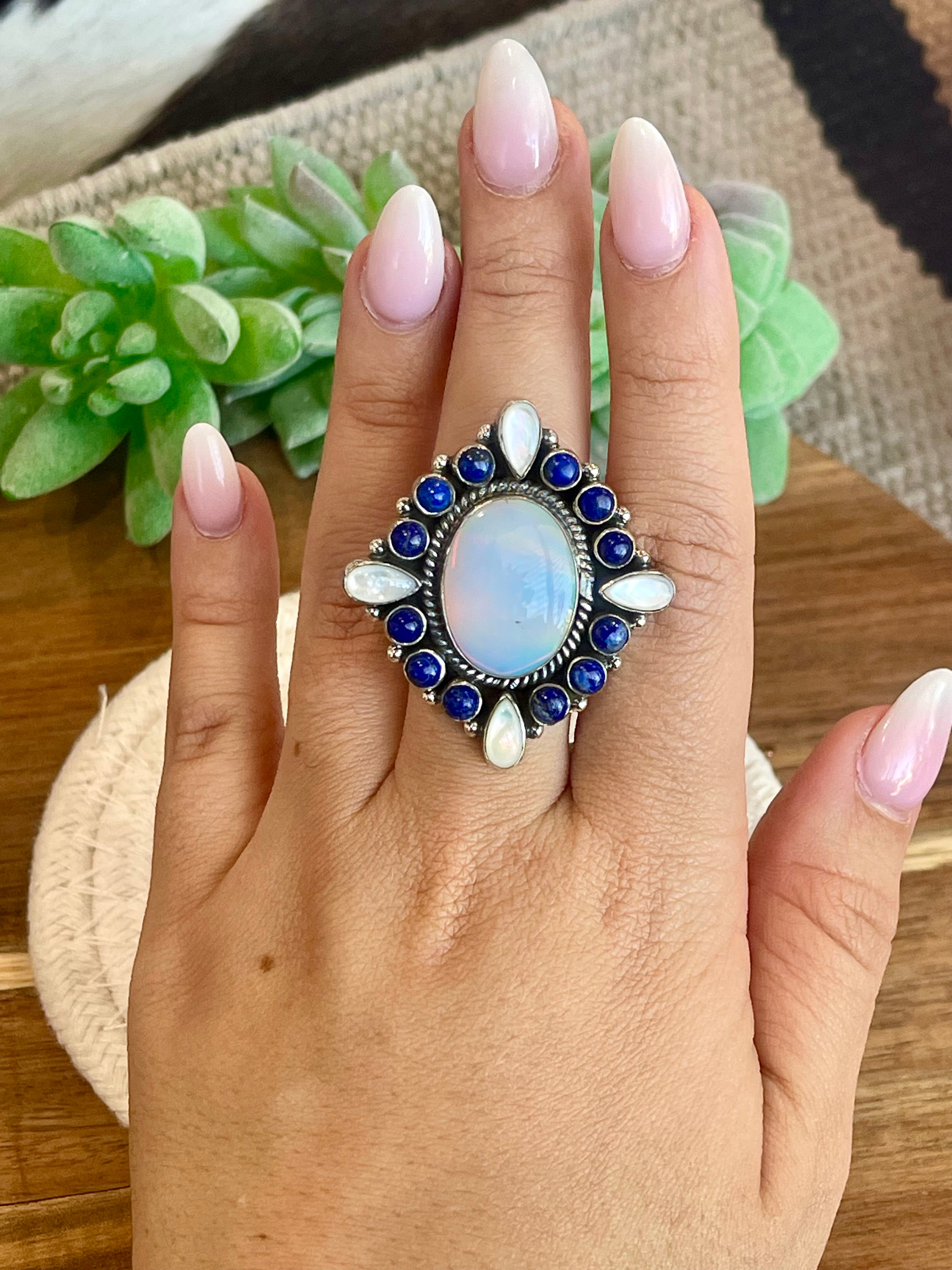 Handmade Opal, Mother Of Pearl, Lapis And Sterling Silver Adjustable Ring Signed Nizhoni