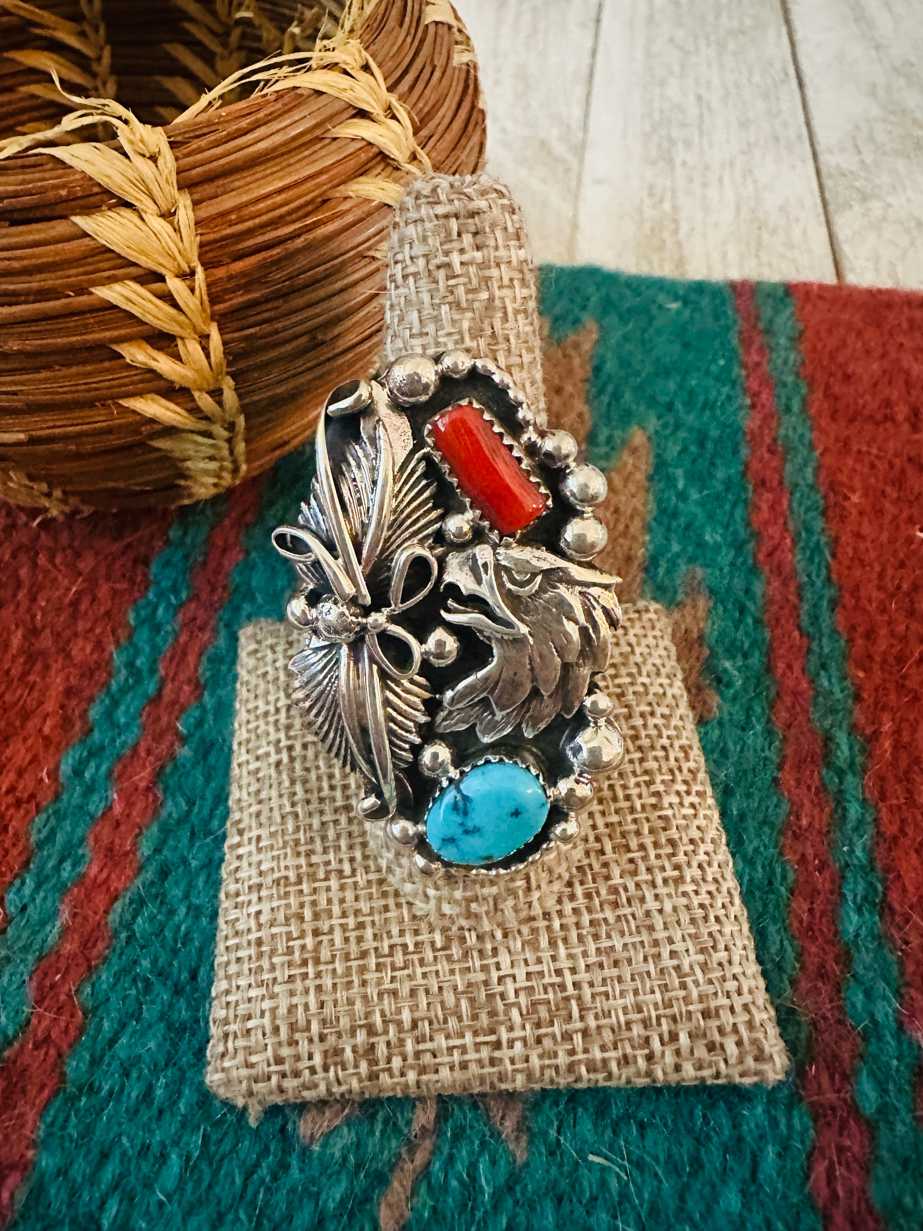 Handcrafted Turquoise, Coral & Sterling Silver Ring Size 9