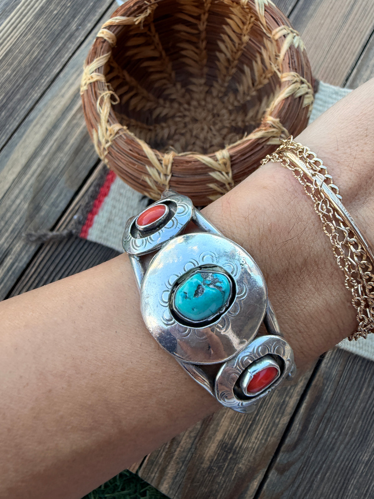 Handcrafted Old Pawn Sterling Silver, Turquoise & Coral Cuff Bracelet