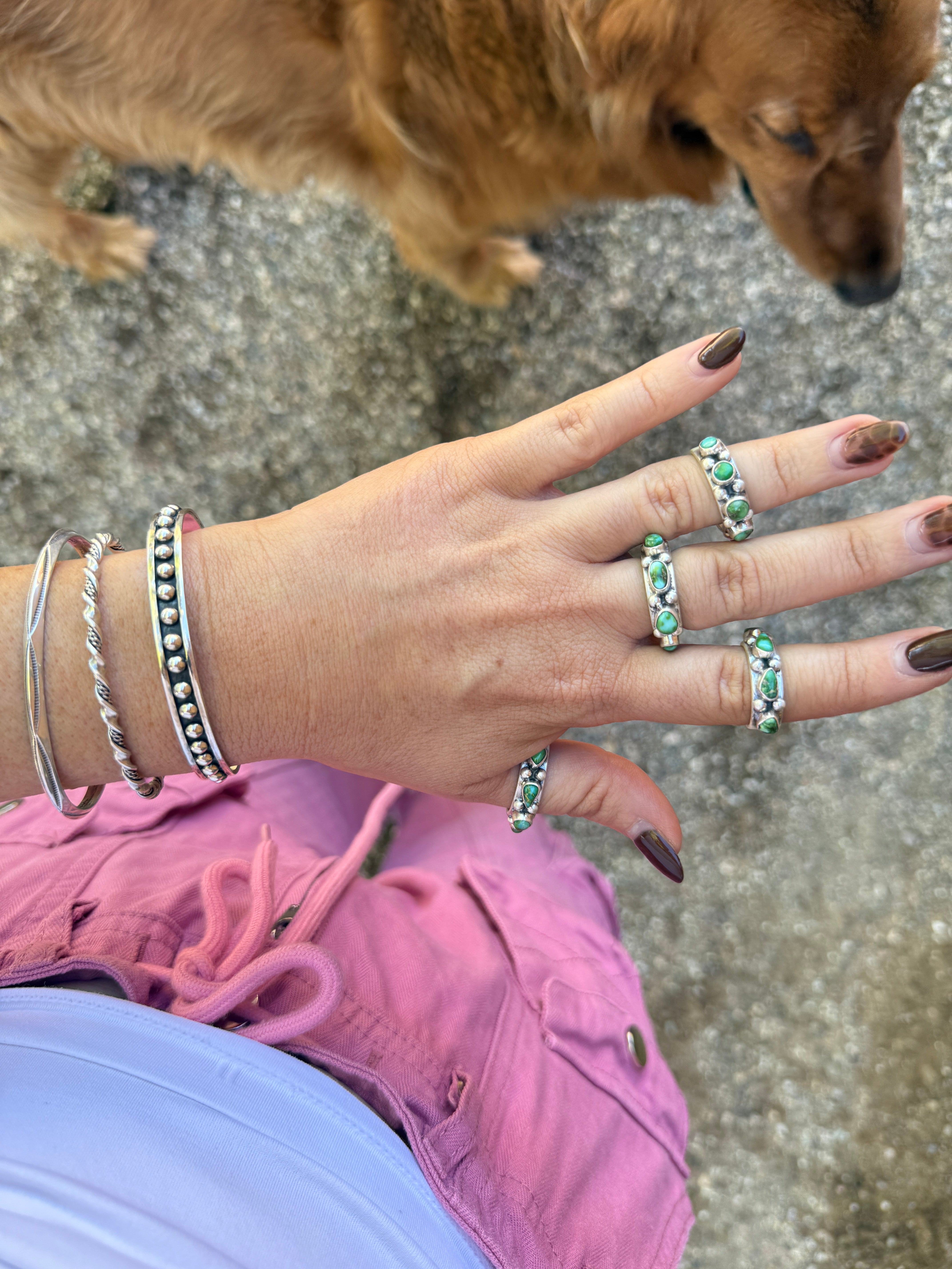 Handmade Sterling Silver Sonoran Mountain Turquoise Adjustable Rings with Signed Nizhoni