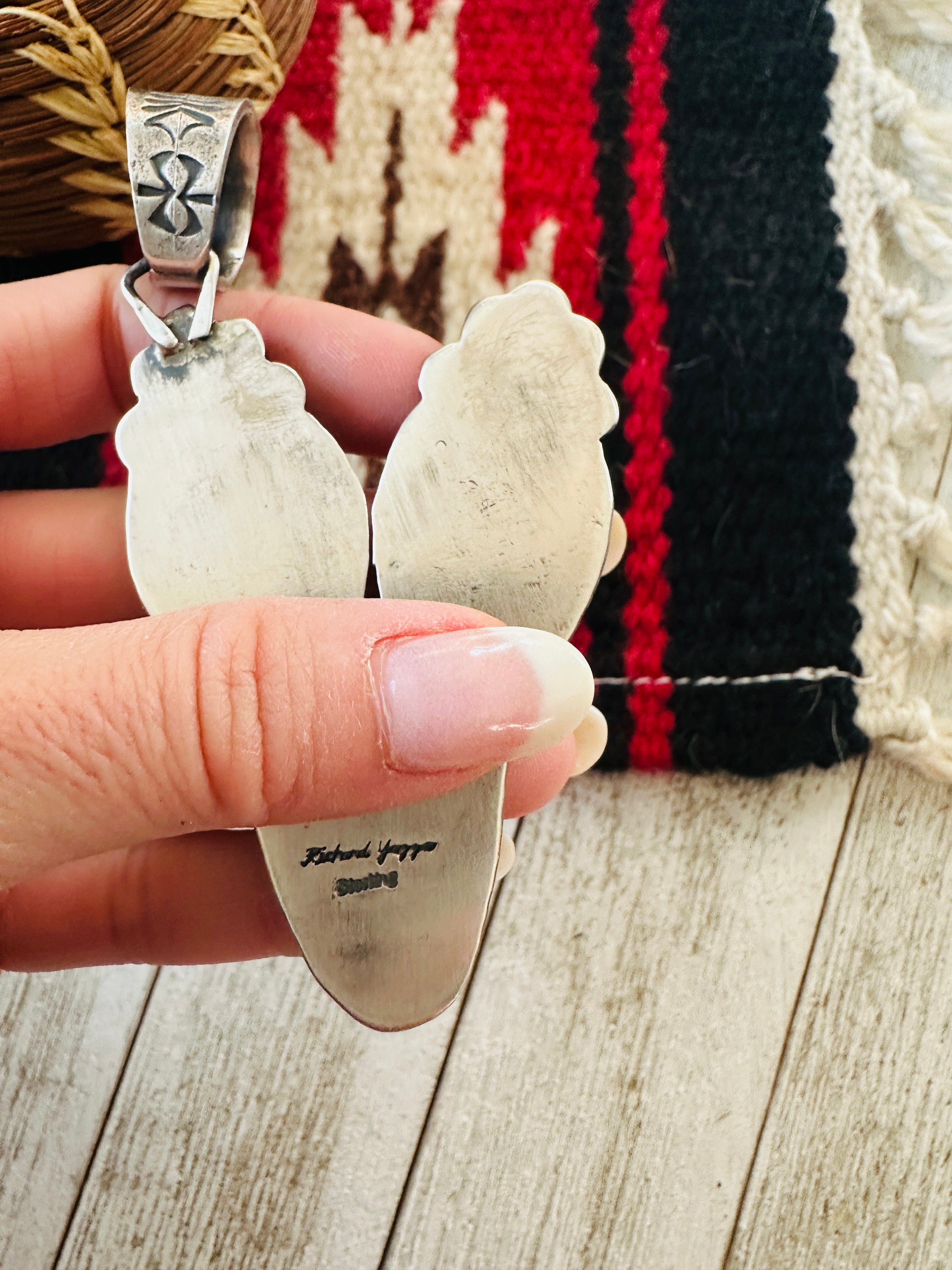 Navajo Turquoise, Coral and Sterling Silver Cactus Pendant