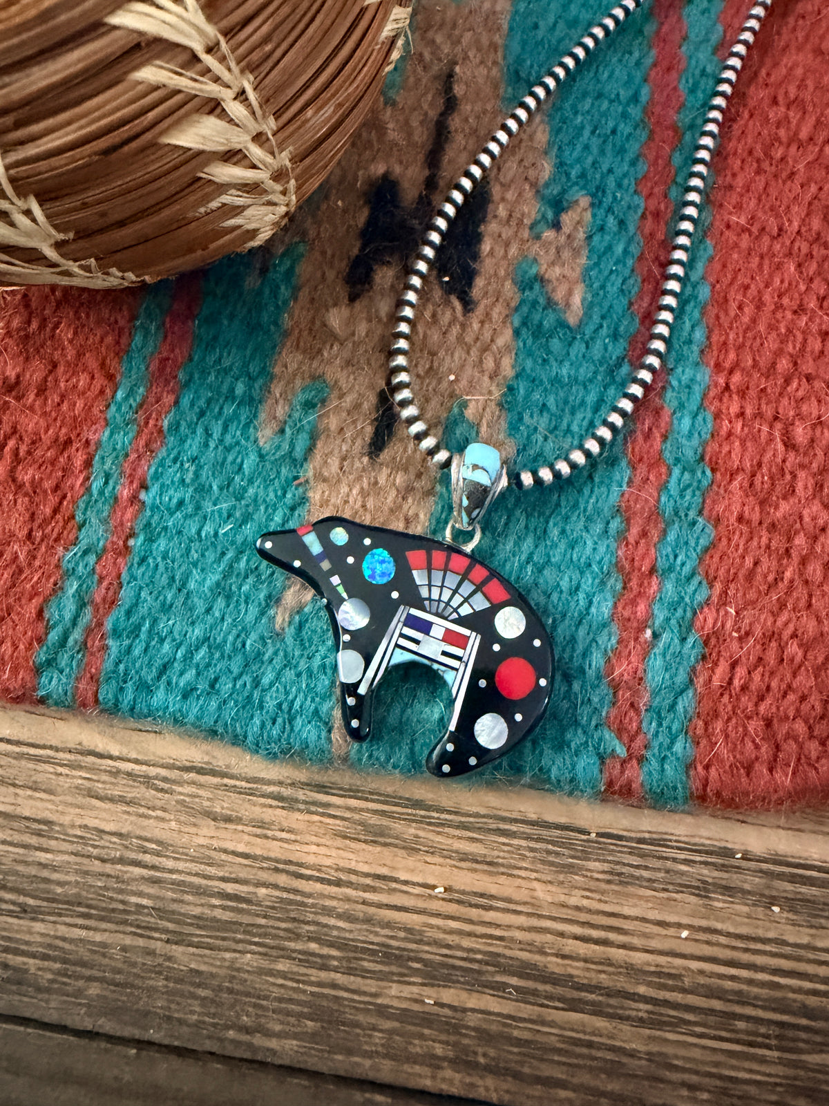Handcrafted Old Pawn Sterling Silver and Multi Stone Inlay Bear Pendant