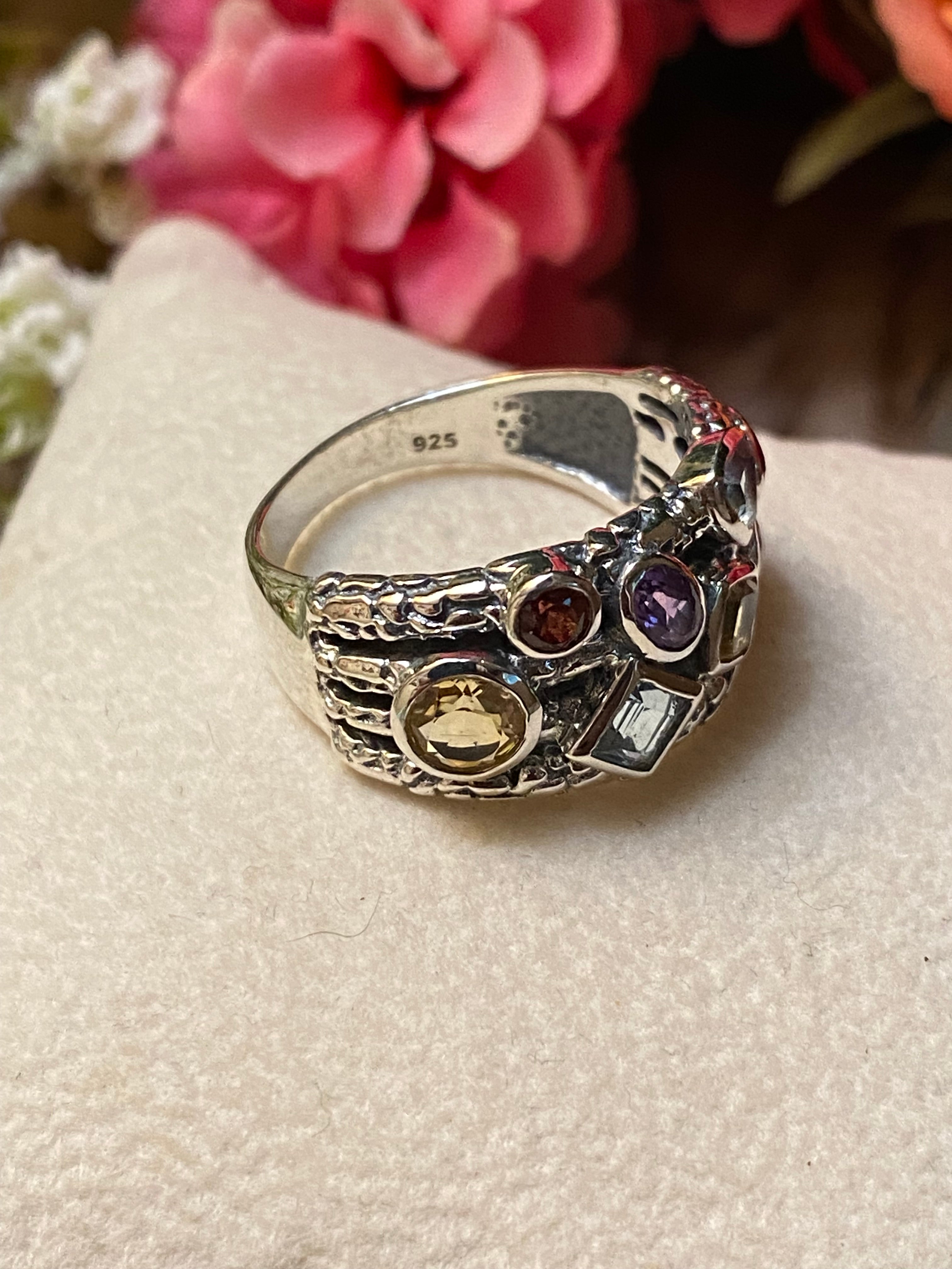 Sterling Silver Amethyst, Blue Topaz, Citrine, & Garnet Ring Size 8.5
