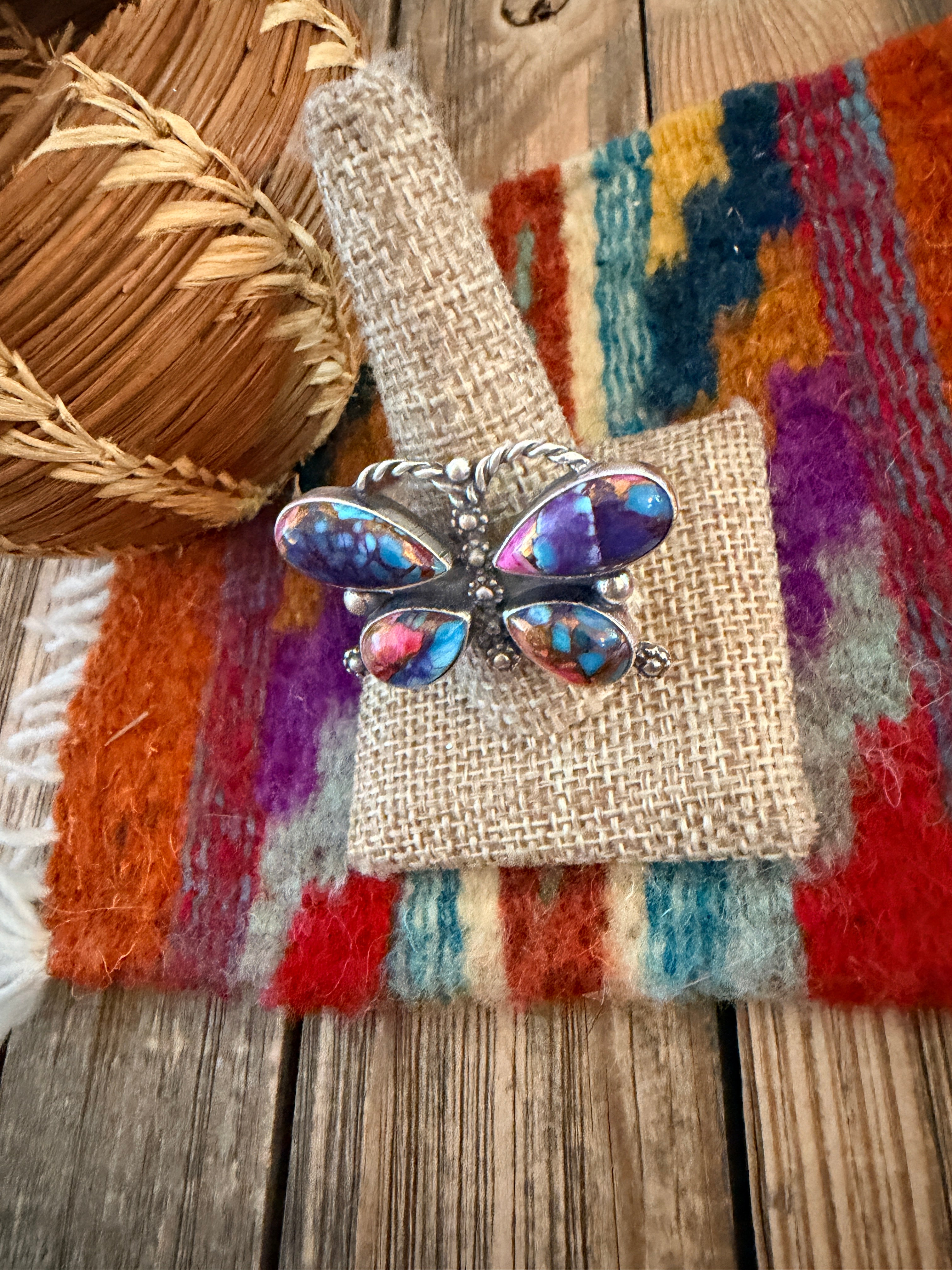 Handcrafted Pink Dream Mojave & Sterling Silver Adjustable Butterfly Ring