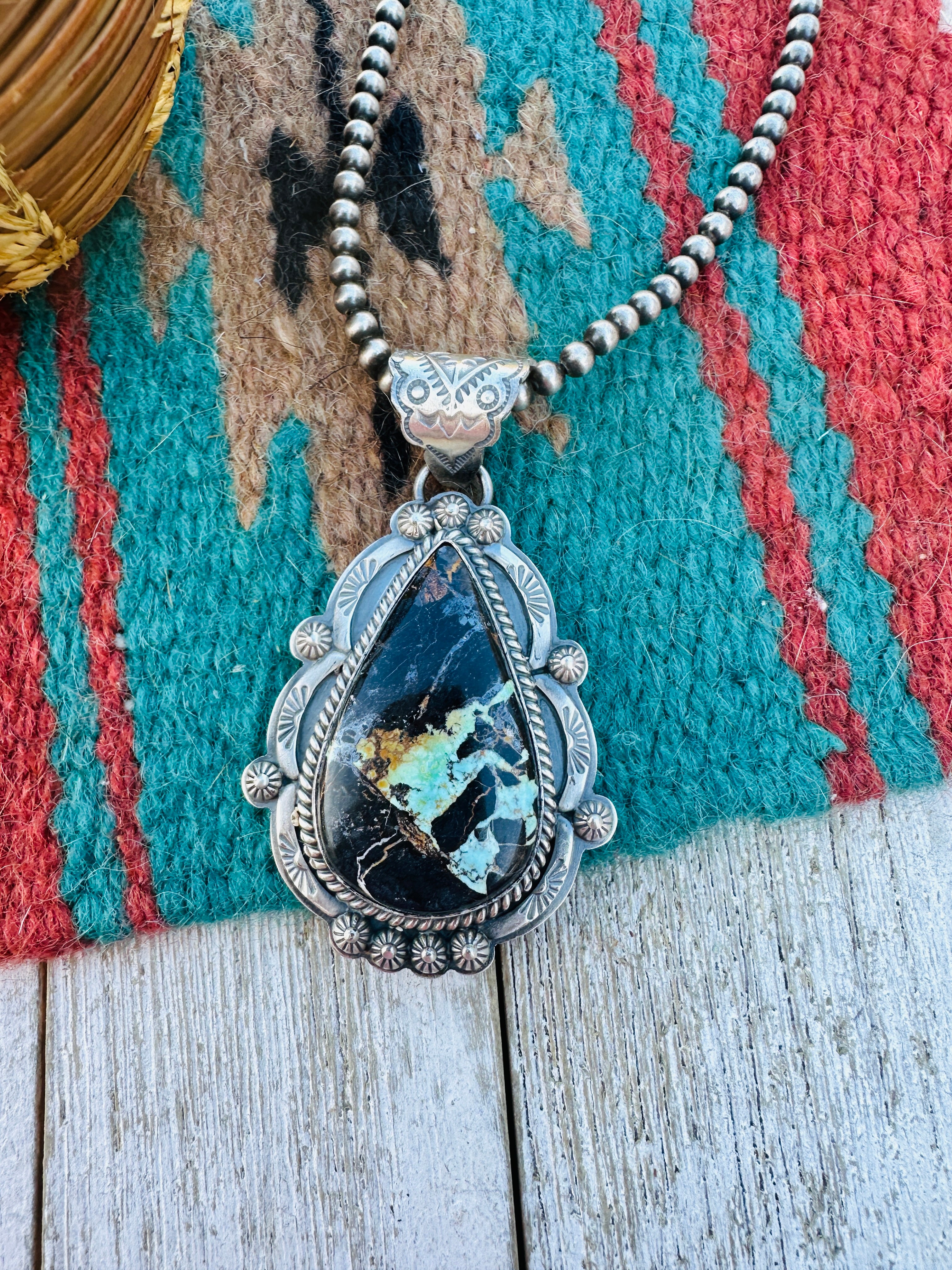 Handcrafted Sterling Silver & Blackjack Turquoise Pendant