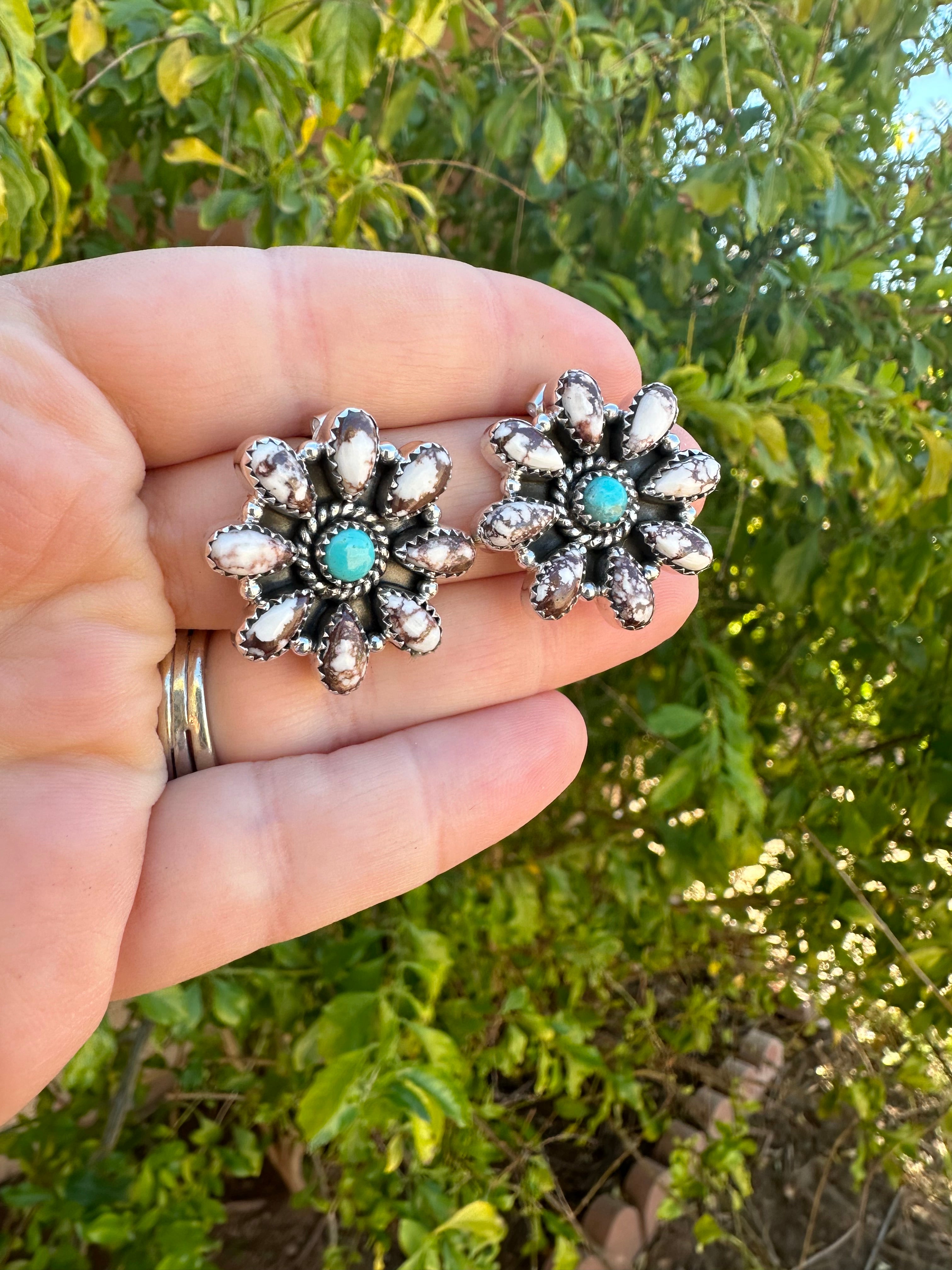 Handmade Sterling Silver, Wild Horse, Turquoise Post Cluster Earrings Signed Nizhoni