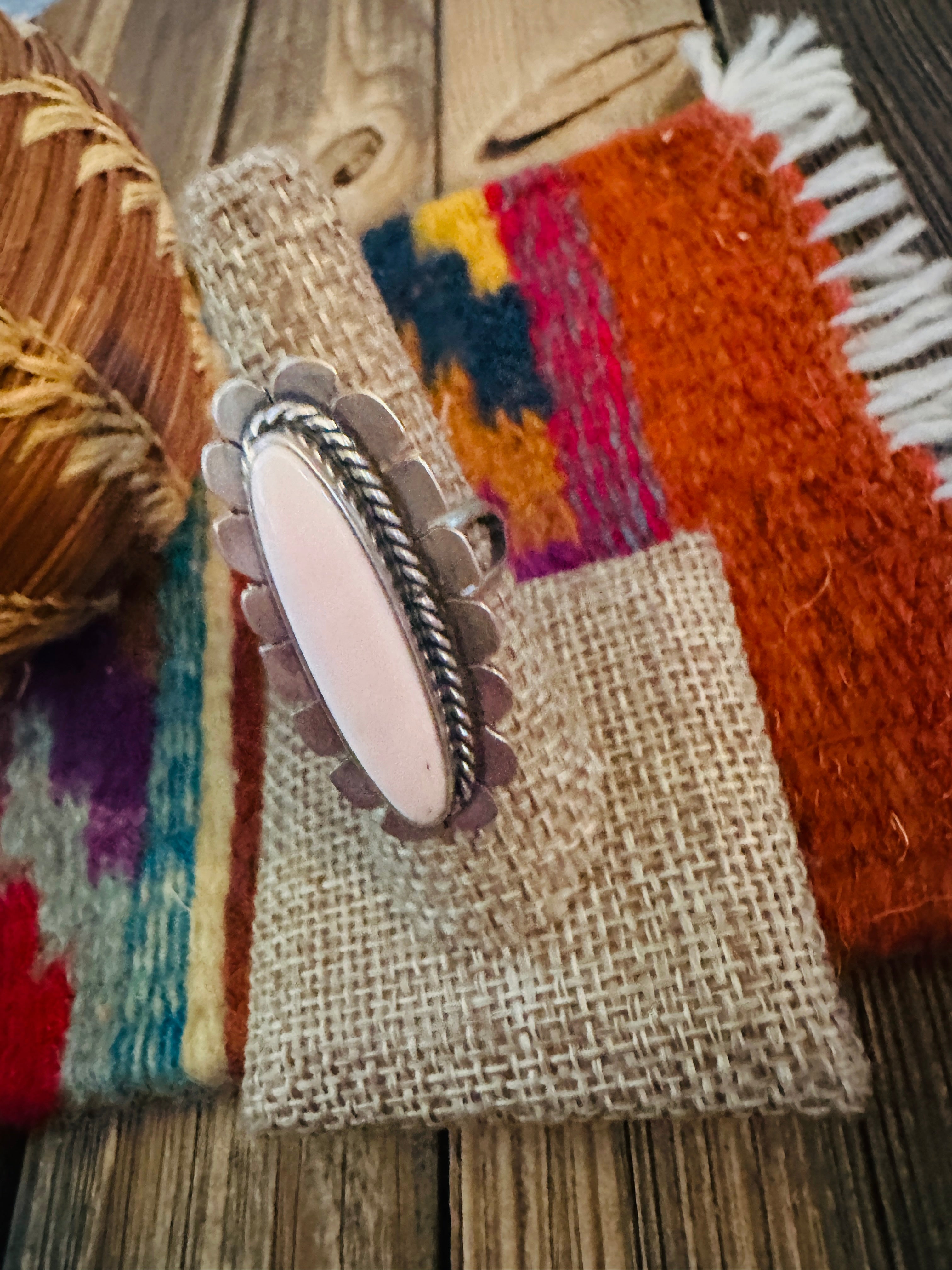 Handcrafted Queen Pink Conch & Sterling Silver Adjustable Ring