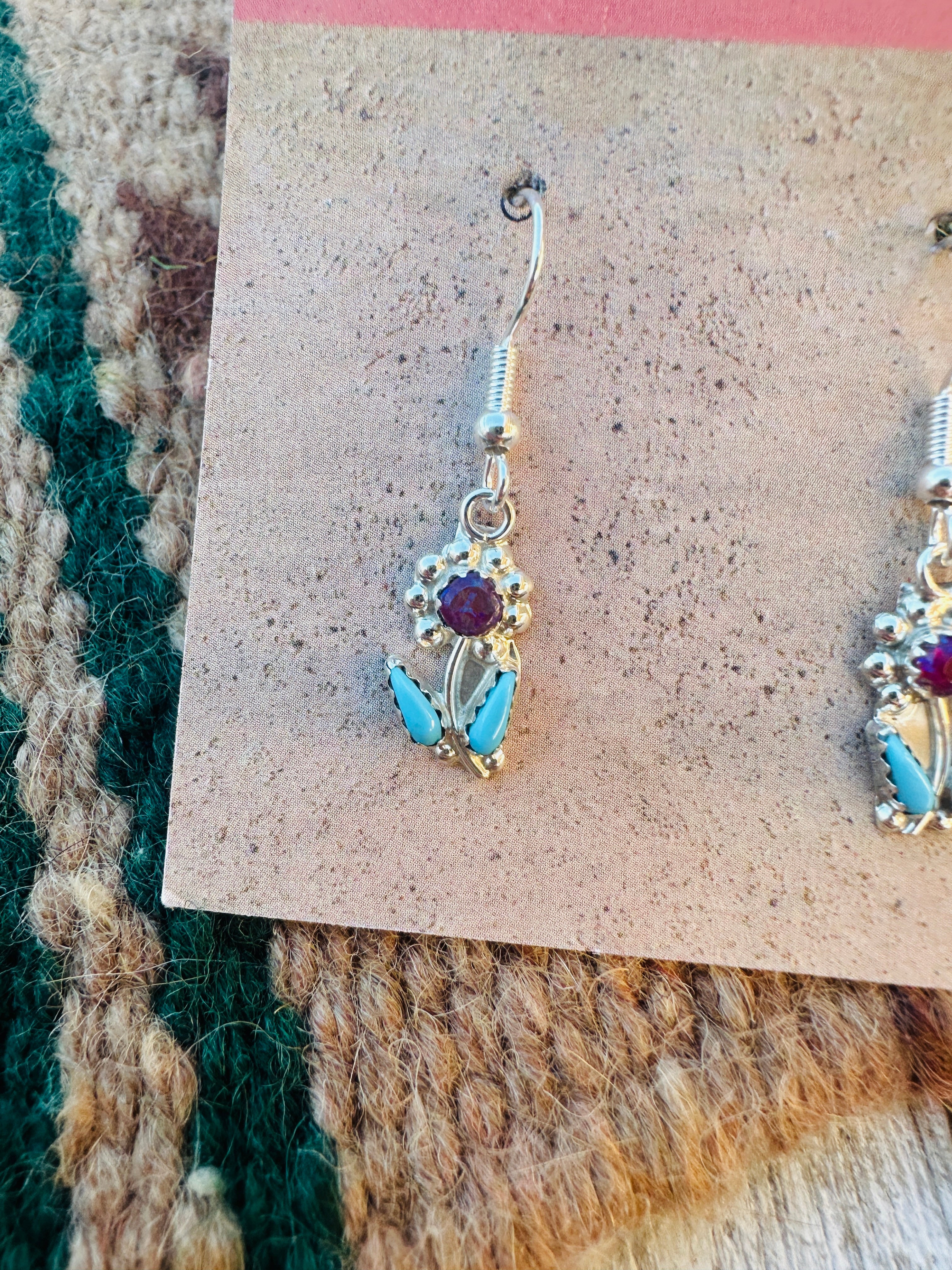 Handcrafted Turquoise, Red Opal & Sterling Silver Flower Dangle Earrings