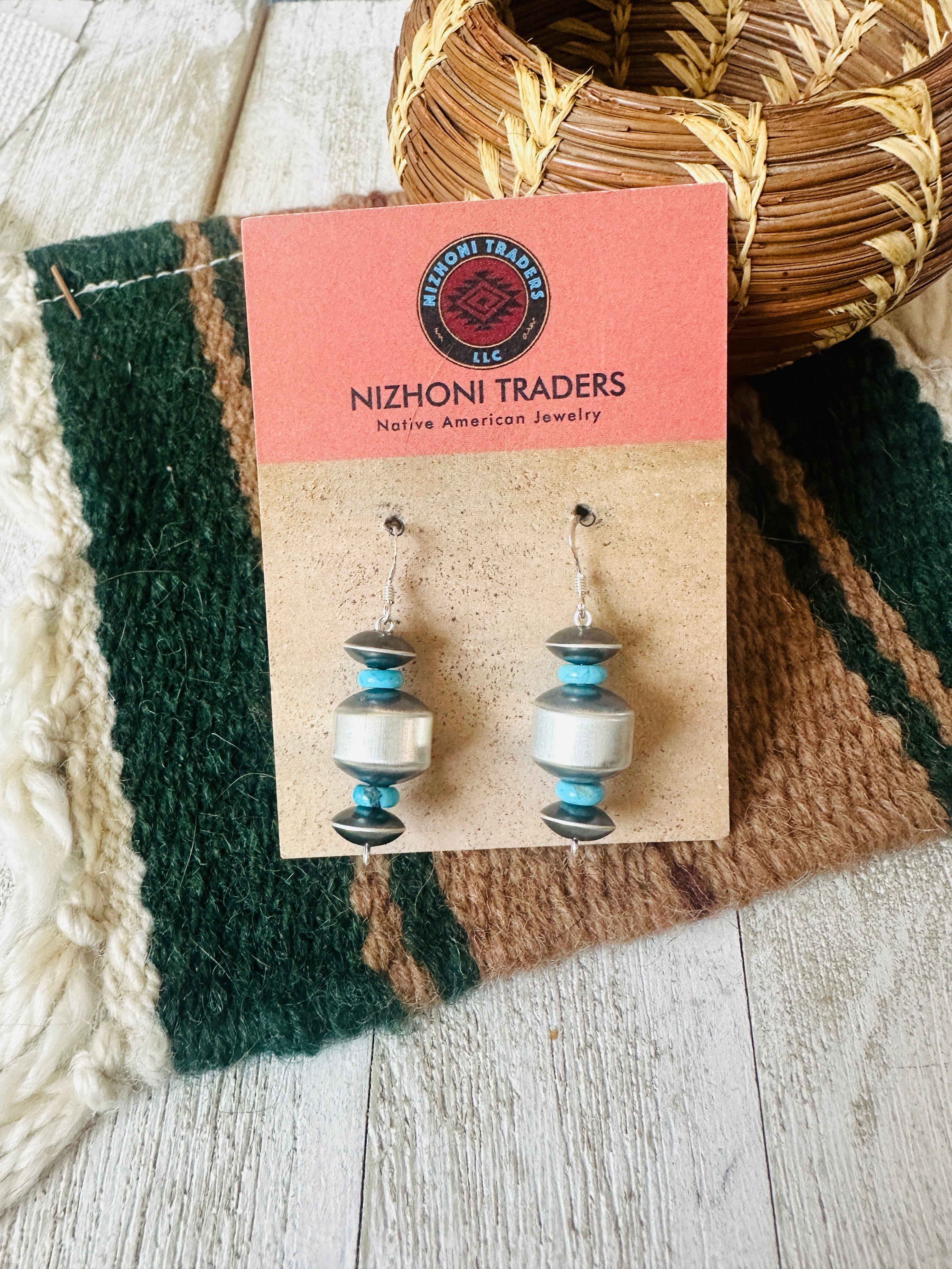 Navajo Turquoise & Sterling Silver Beaded Dangle Earrings