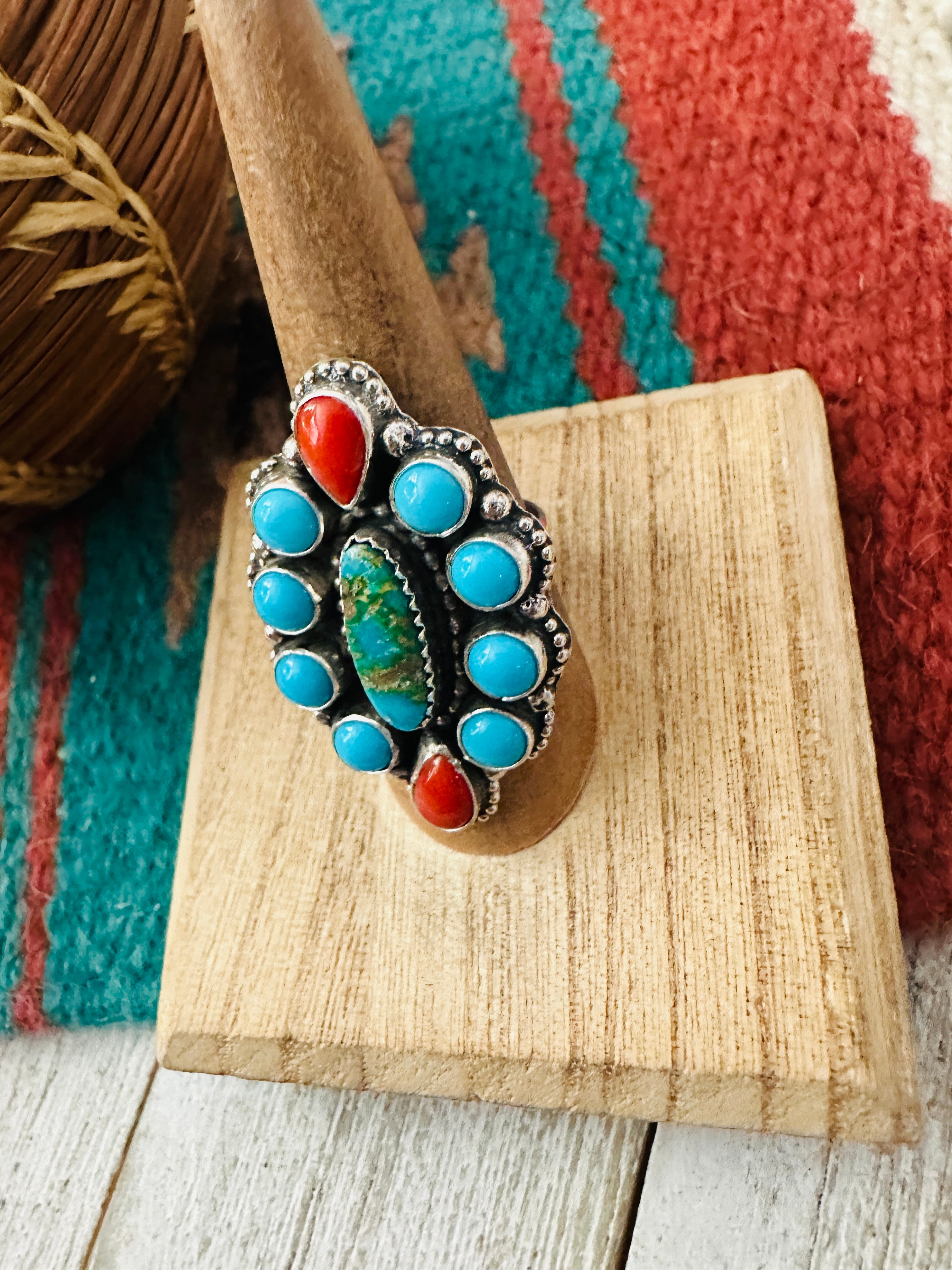 Navajo Turquoise, Coral & Sterling Silver Cluster Ring Size 7.25