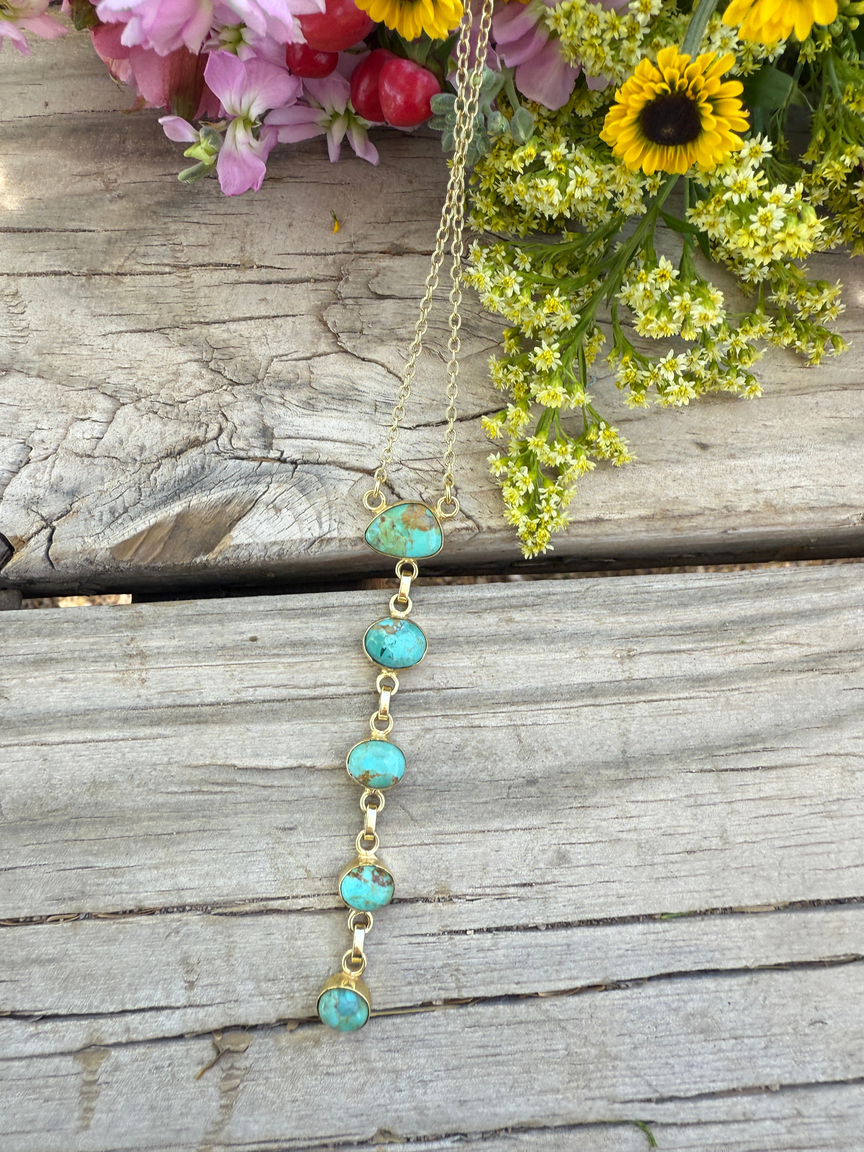 “The Golden Collection” Natural Turquoise 5 Stone Drop Handmade Gold Plated Necklace style 2