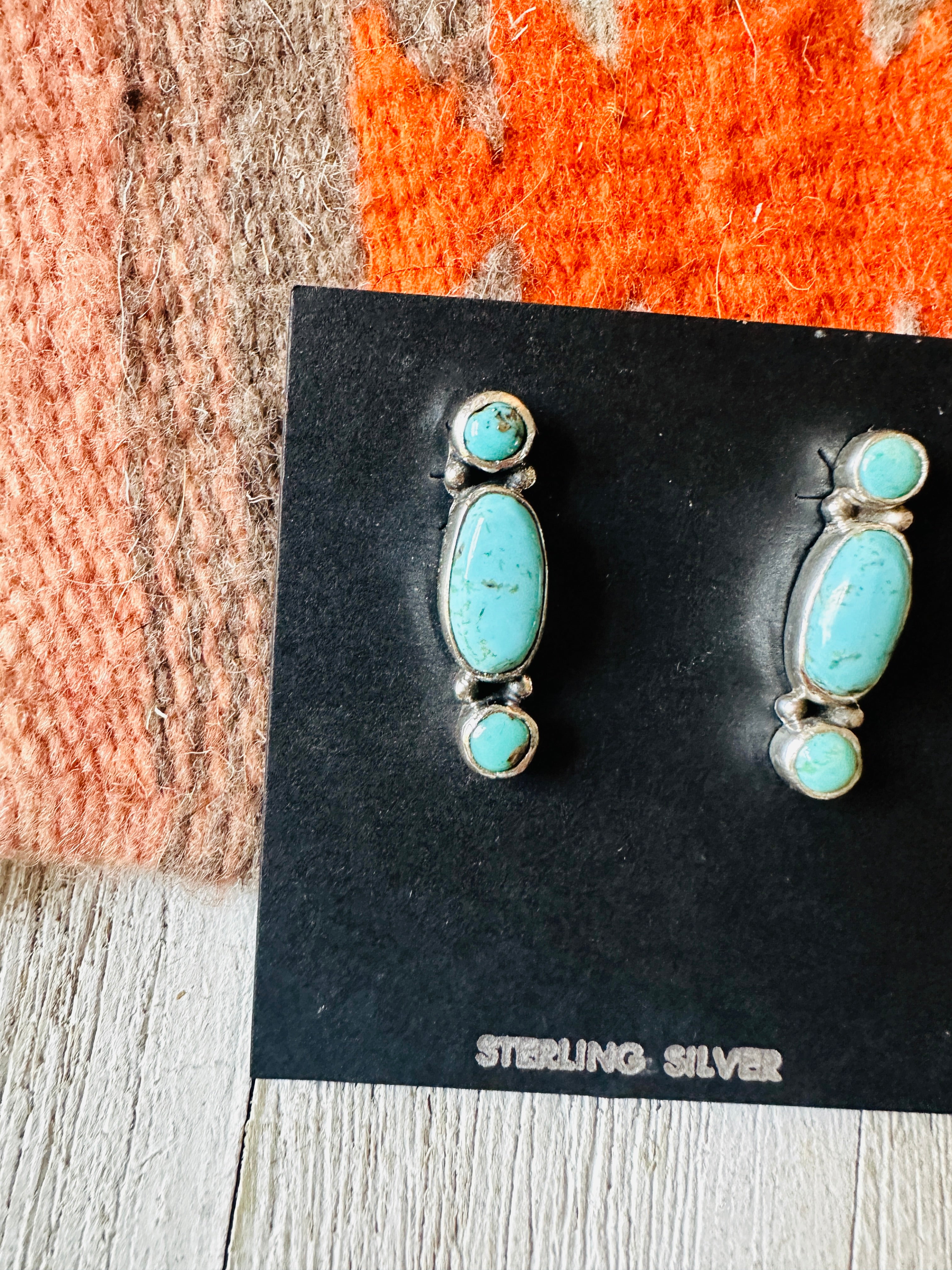 Navajo 3-Stone Turquoise And Sterling Silver Dangle Earrings