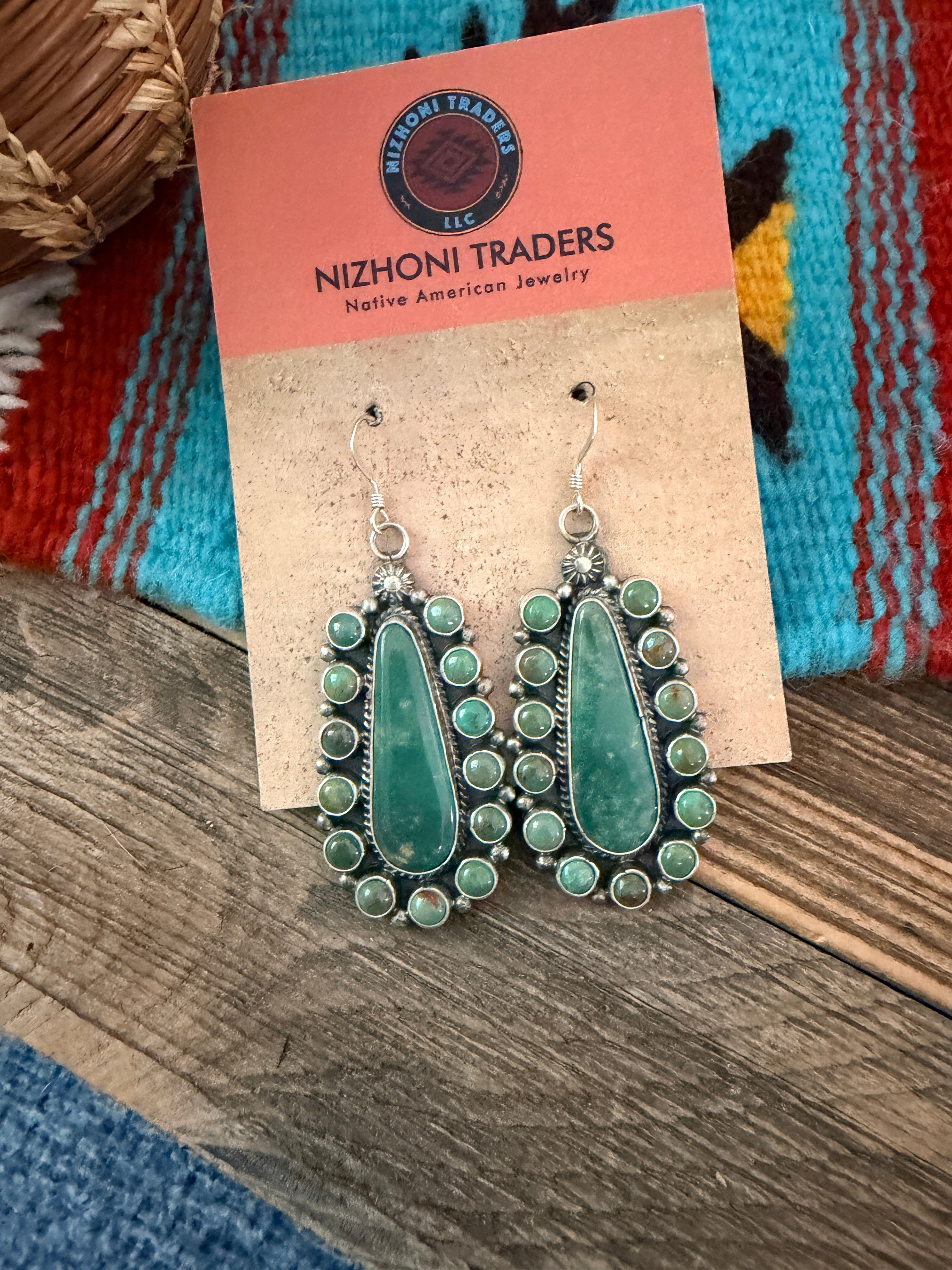 Handcrafted Green Turquoise & Sterling Silver Cluster Dangle Earrings