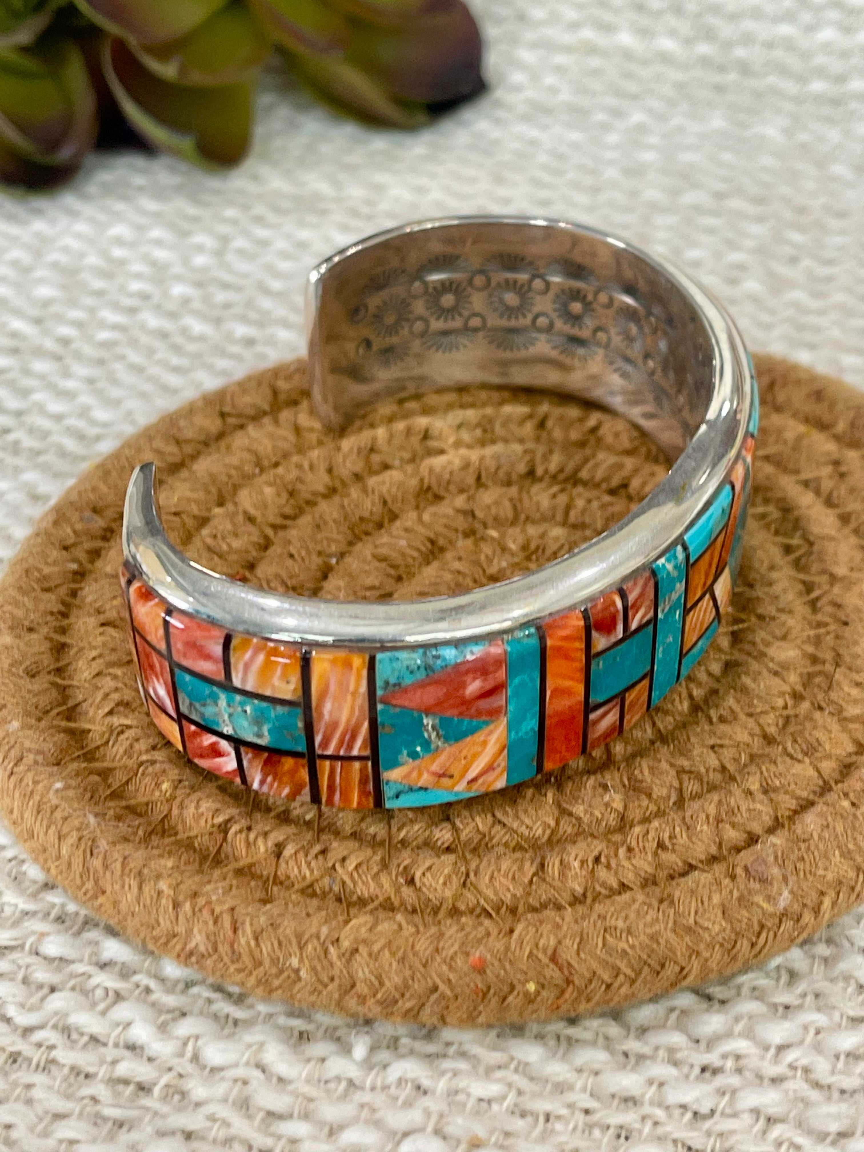 Gorgeous Handmade Sterling Silver & Multi Stone Inlay Cuff Bracelet