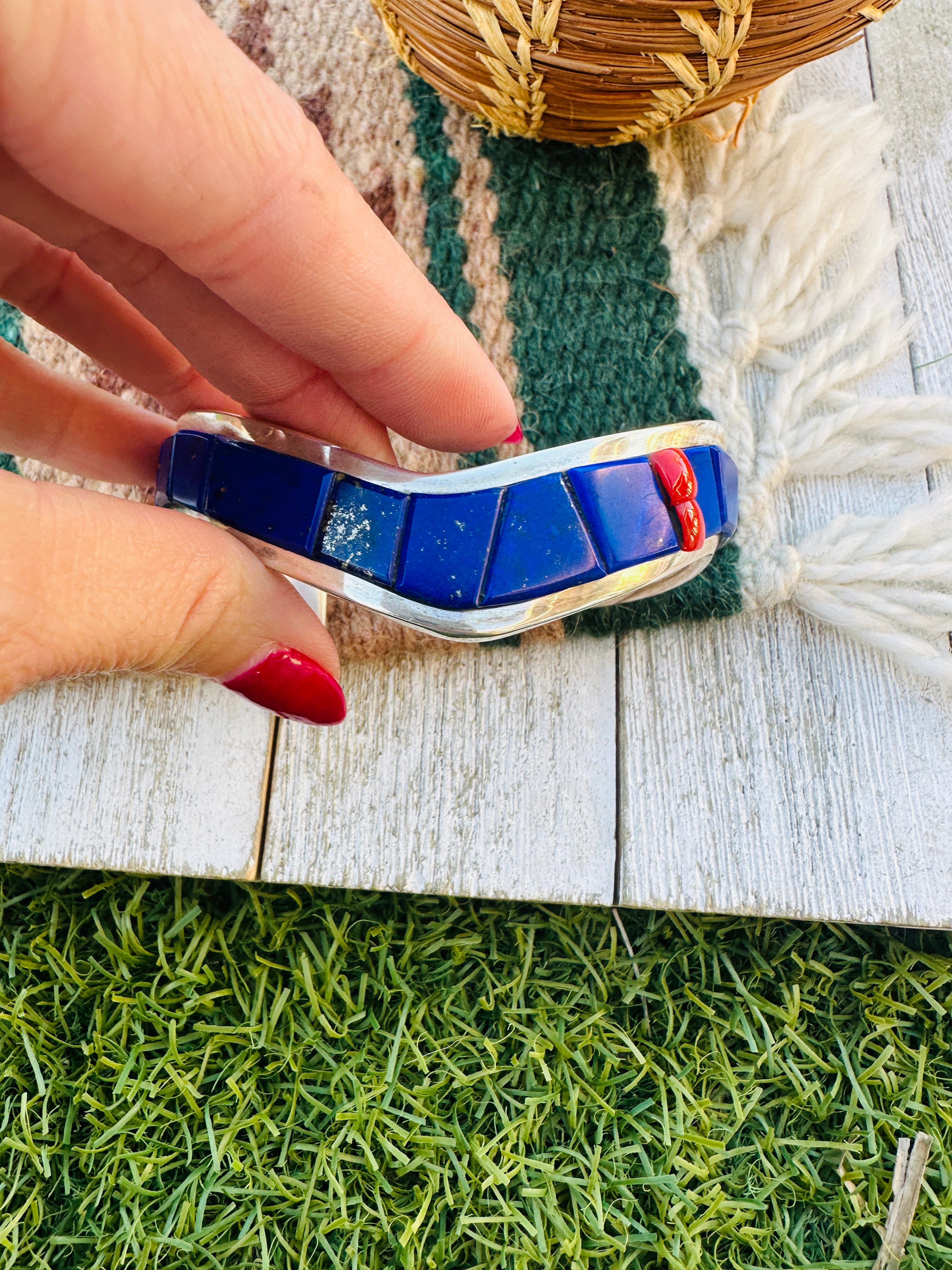 Handcrafted Old Pawn Sterling Silver, Lapis & Coral Inlay Cuff Bracelet by The Dukepoos