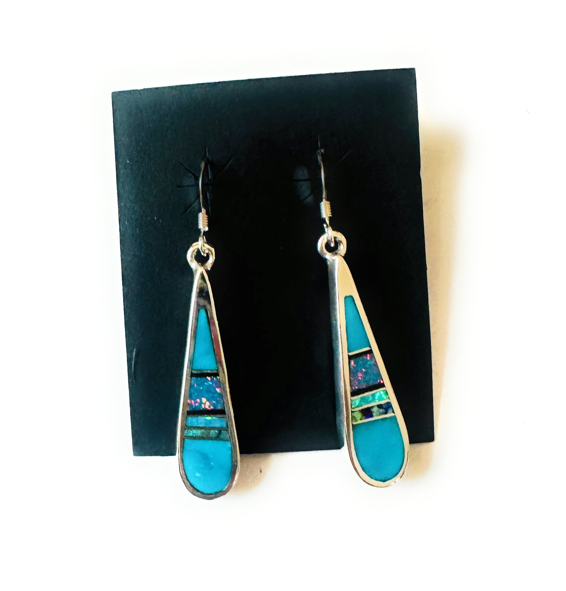 Navajo Sterling Silver & Multi Stone Inlay Dangle Earrings