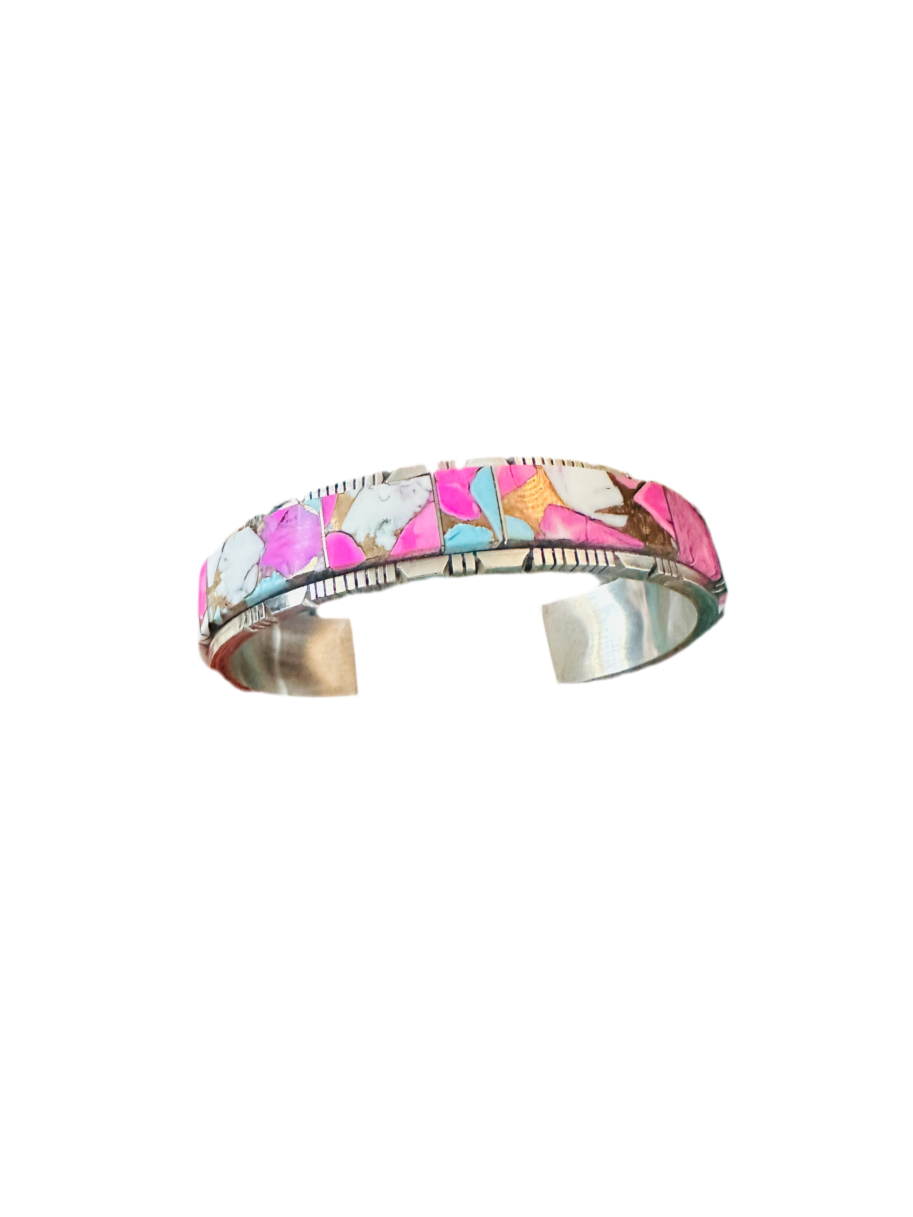 Handcrafted Cotton Candy & Sterling Silver Inlay Cuff Bracelet