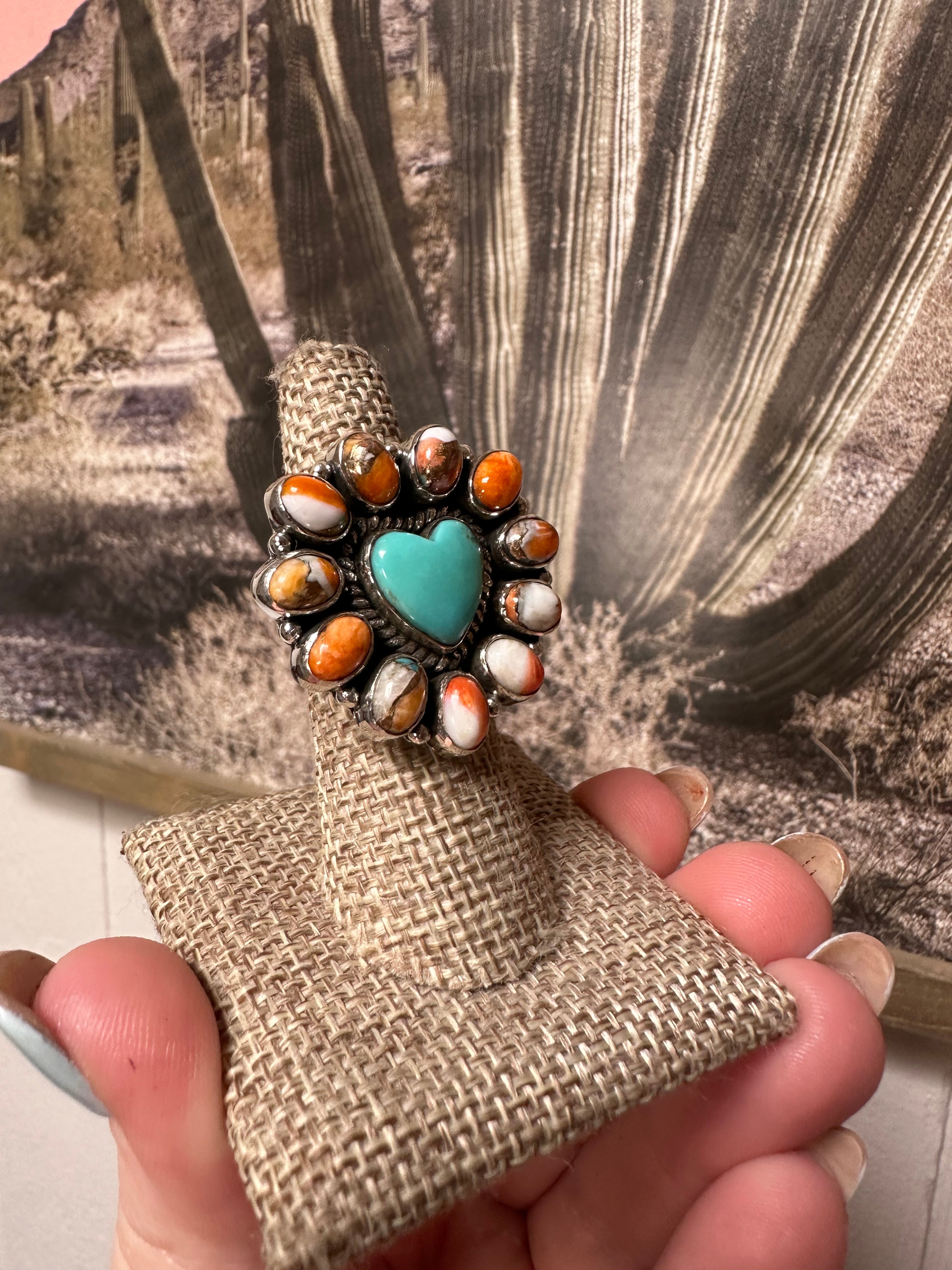 Handmade Sterling Silver, Turquoise, Orange Mojave Cluster Adjustable Ring