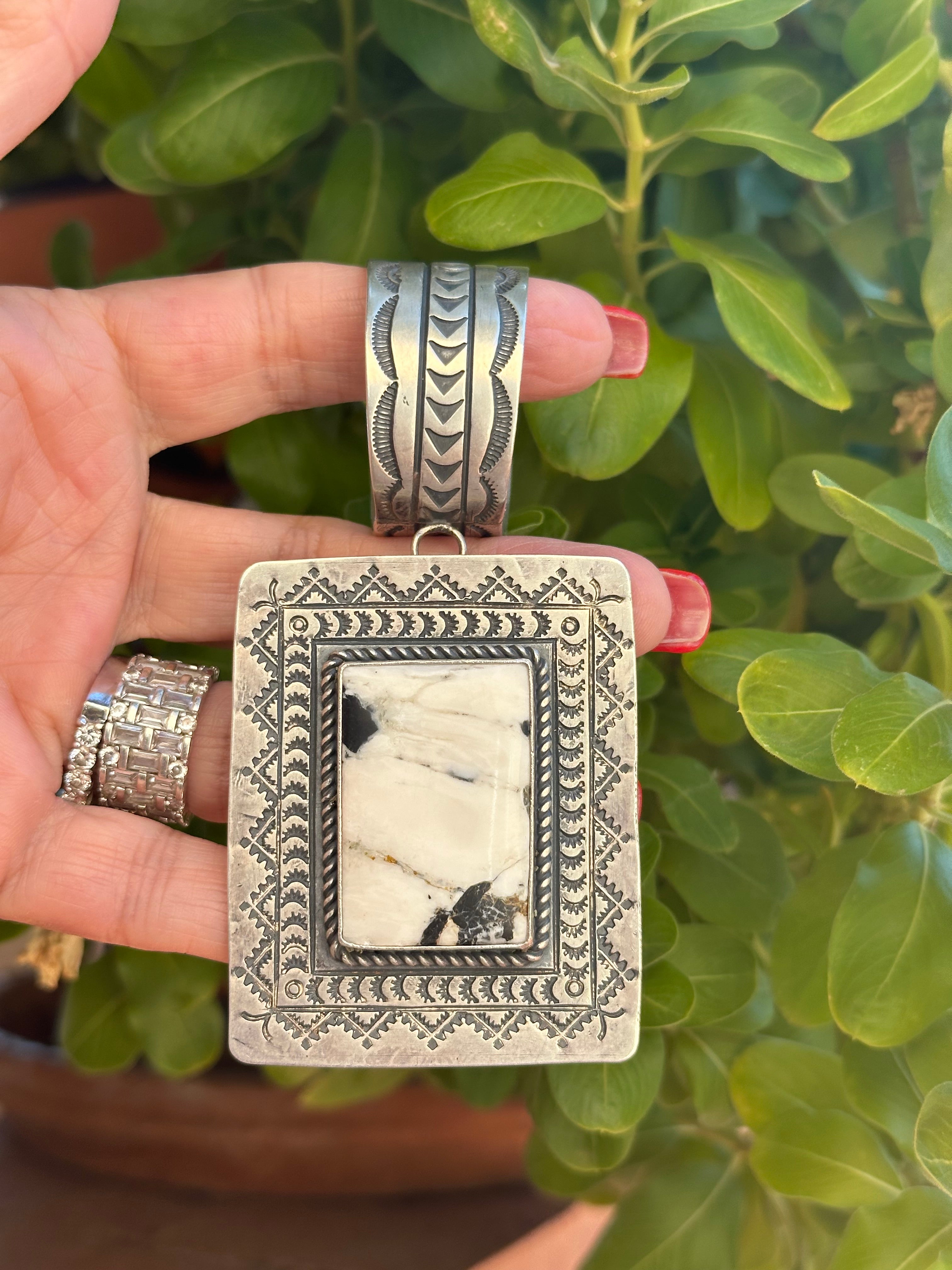 Navajo Hand Stamped Sterling Silver & White Buffalo Concho Pendant