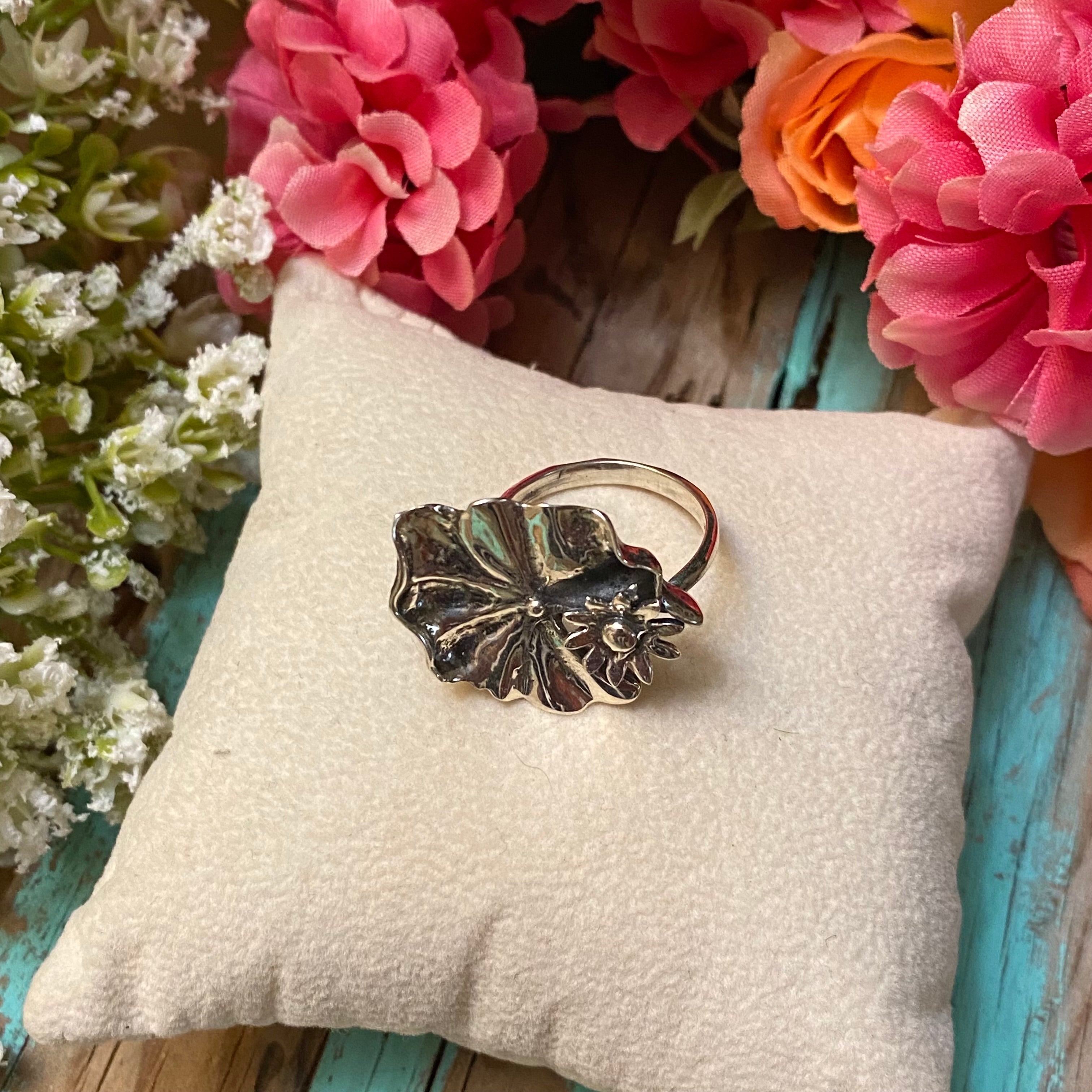 Sterling Silver Lily Pad Flower & Leaf Ring