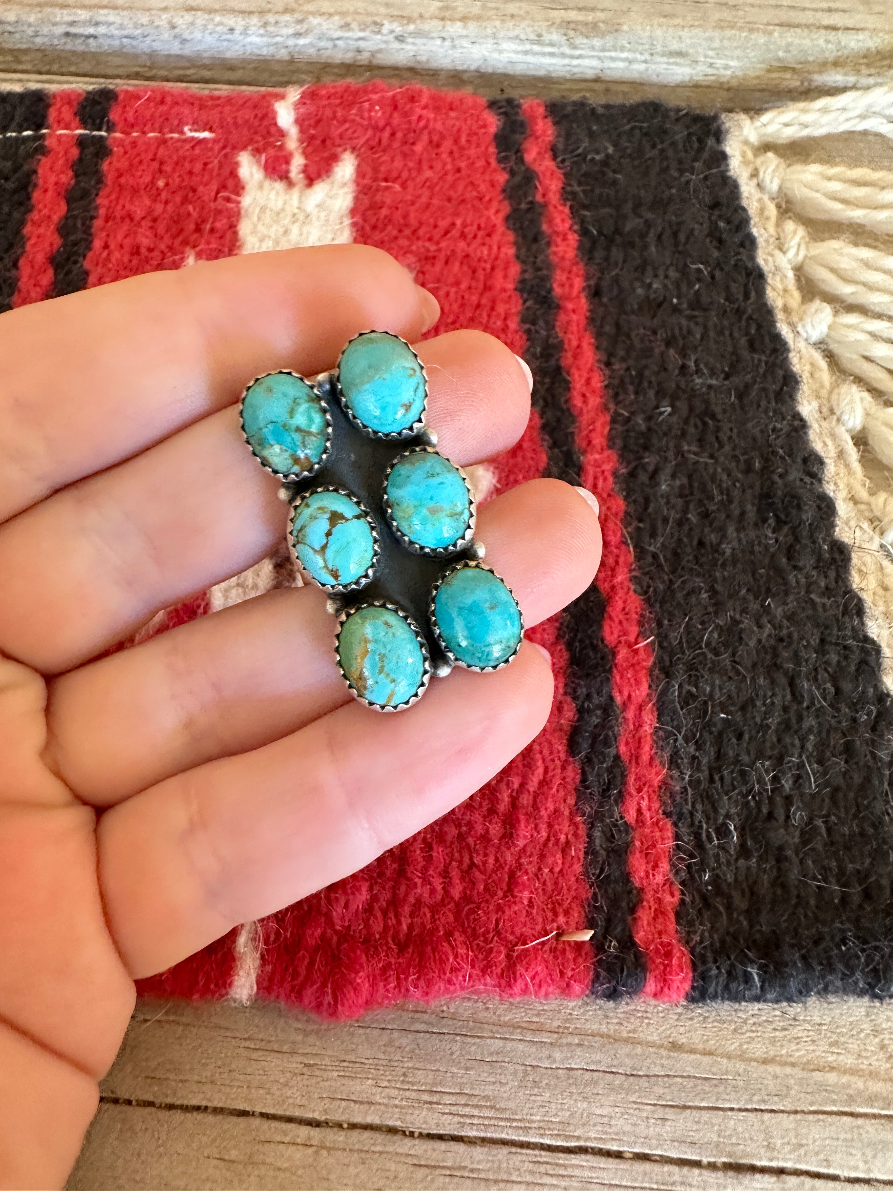 Beautiful Handmade Turquoise And Sterling Silver Adjustable 6 Stone Ring