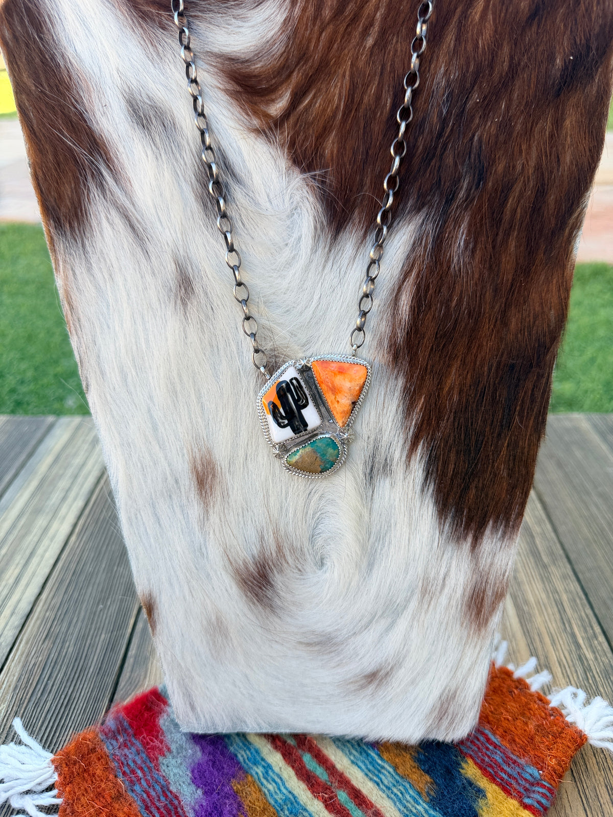 Handmade Sterling Silver & Multi Stone Painted Cactus Necklace