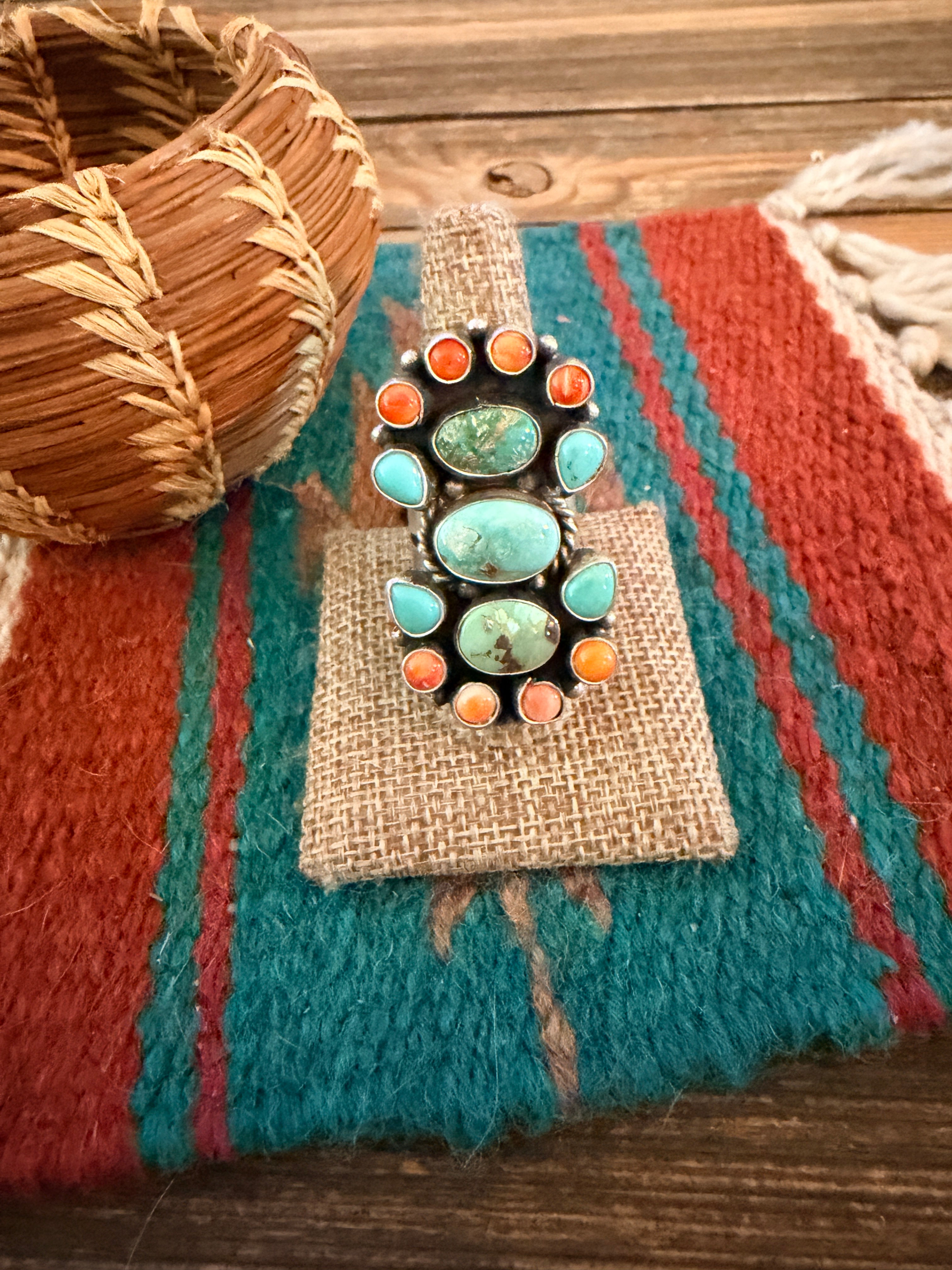 Handcrafted Spiny Oyster, Turquoise & Sterling Silver Cluster Ring by Sheila Becenti Size 9.5