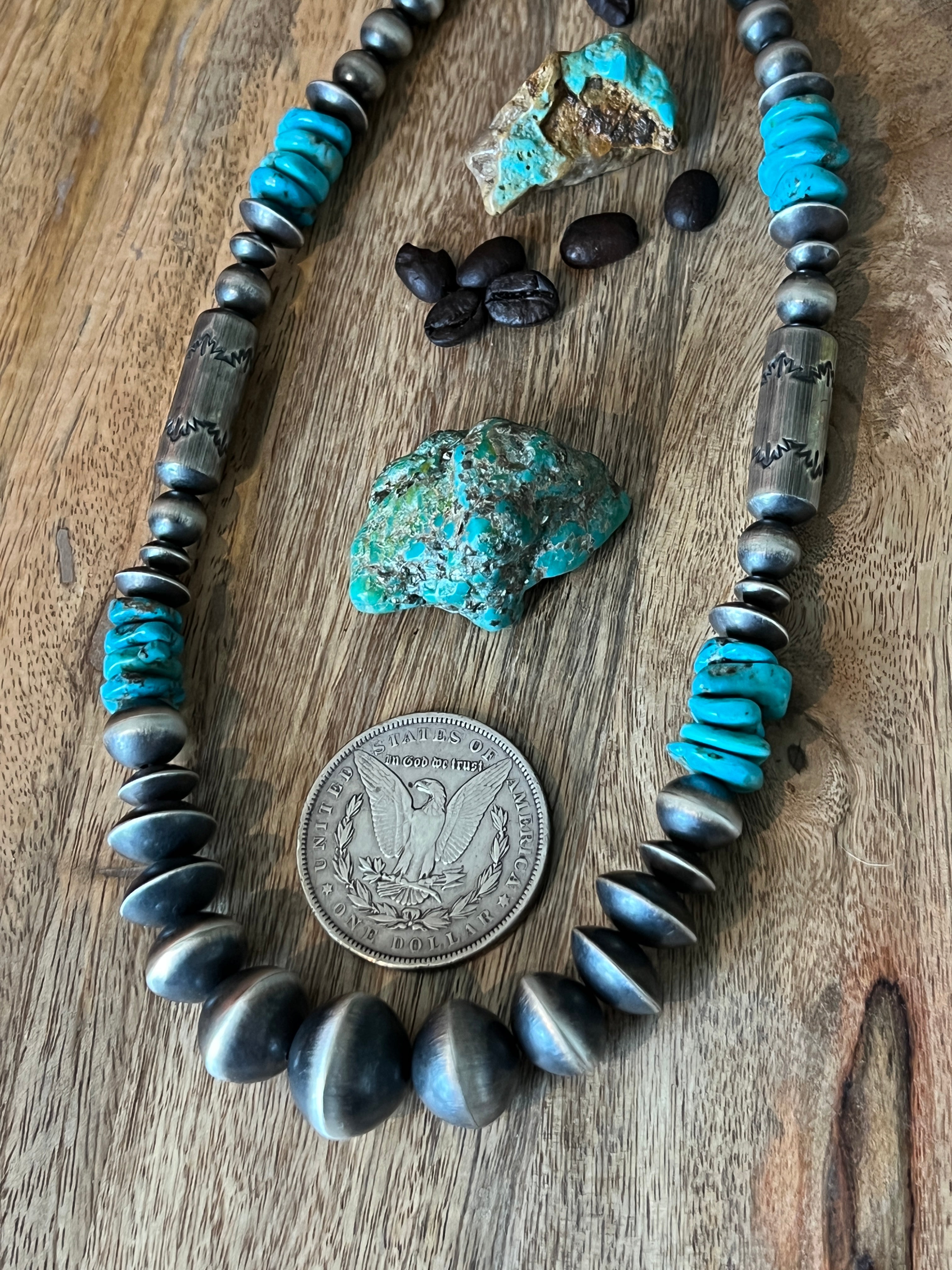 Handcrafted Sterling Silver and Kingman Turquoise Beaded Necklace by Rose Martin, 20 + 1-1/2 inches