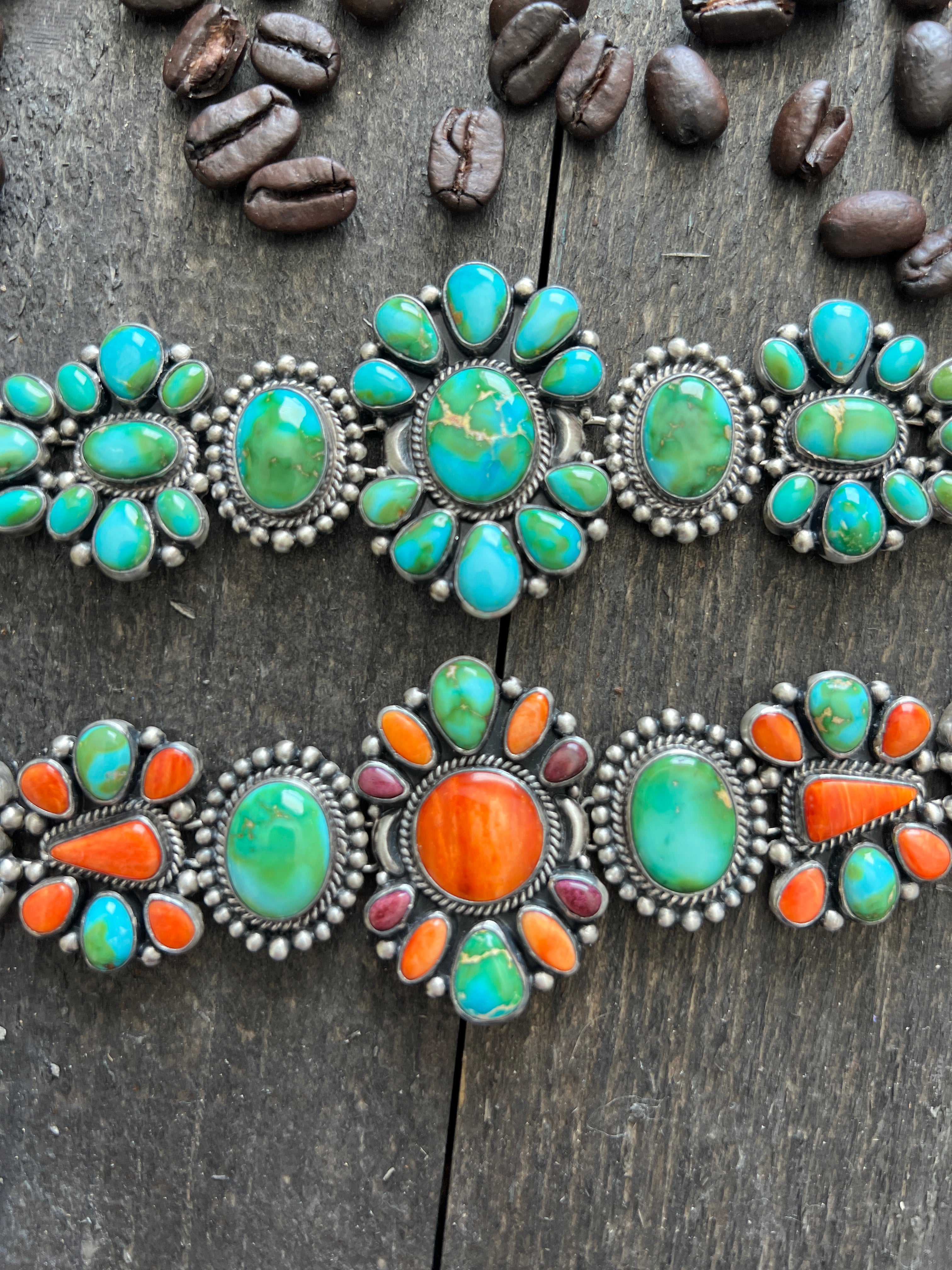 Stunning Sterling Silver, Sonoran Mountain Turquoise and Spiny Oyster Shell Cluster Link Bracelets by Diane Wylie