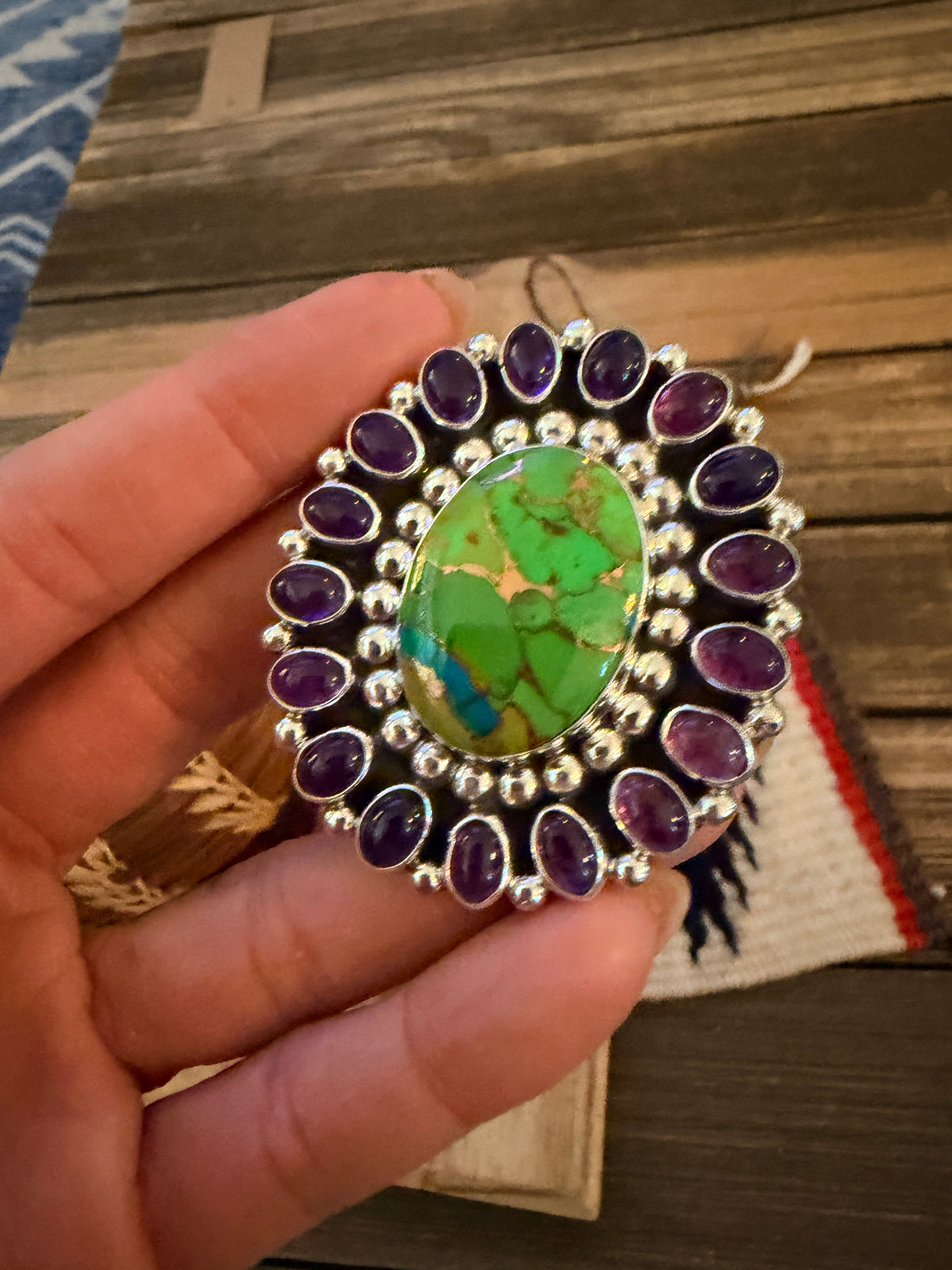 Handcrafted Mojave Turquoise, Amethyst & Sterling Silver Adjustable Cluster Ring
