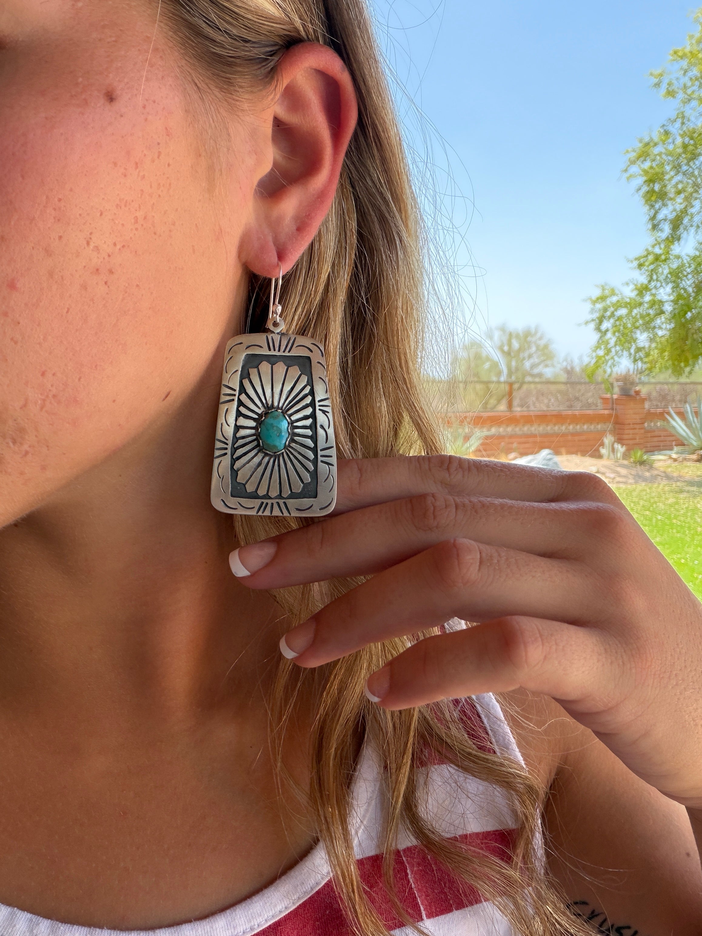 Handmade Turquoise & Sterling Silver Concho Dangle Earrings