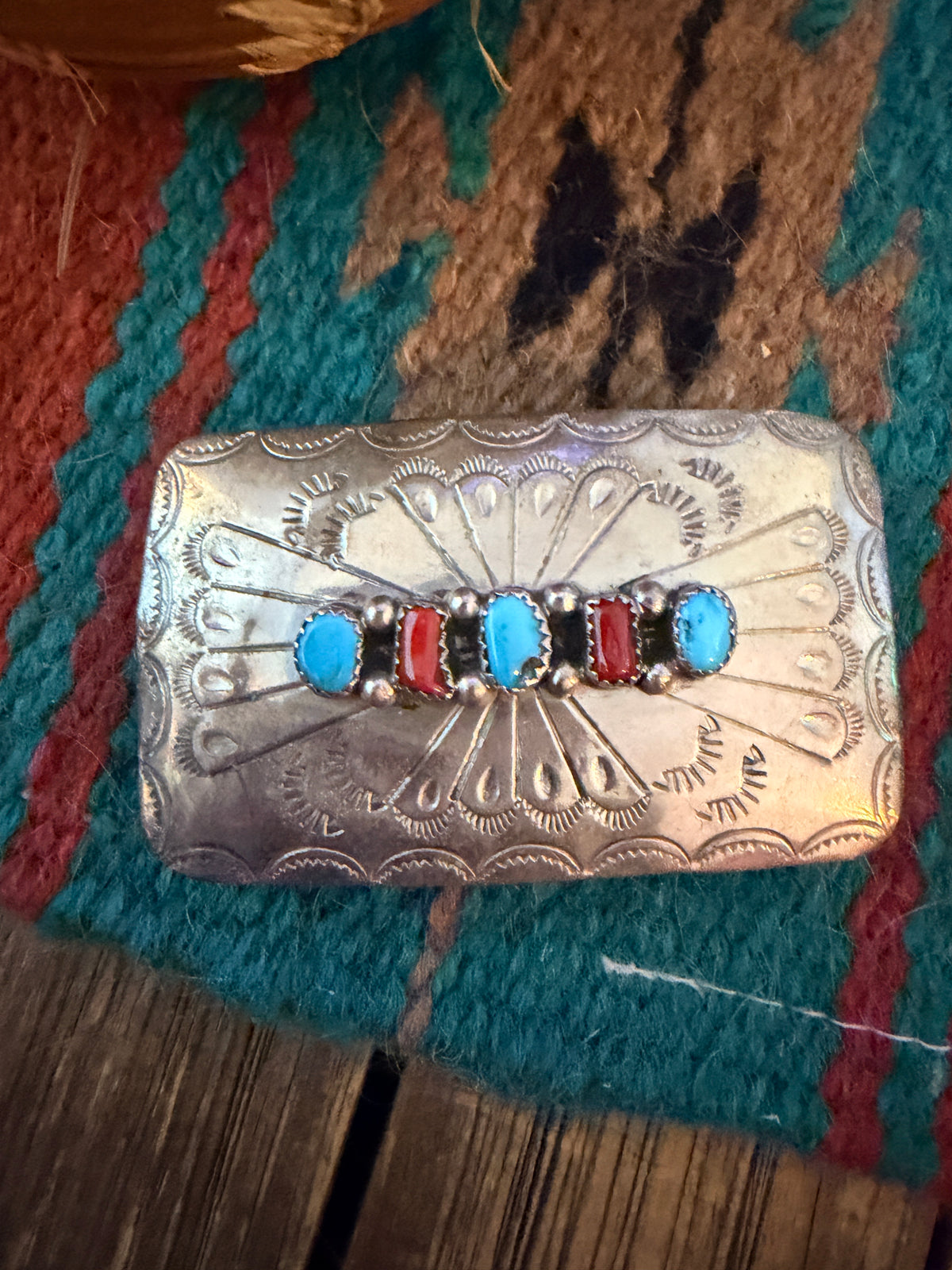 Handcrafted Vintage Old Pawn Sterling Silver, Turquoise & Coral Belt Buckle