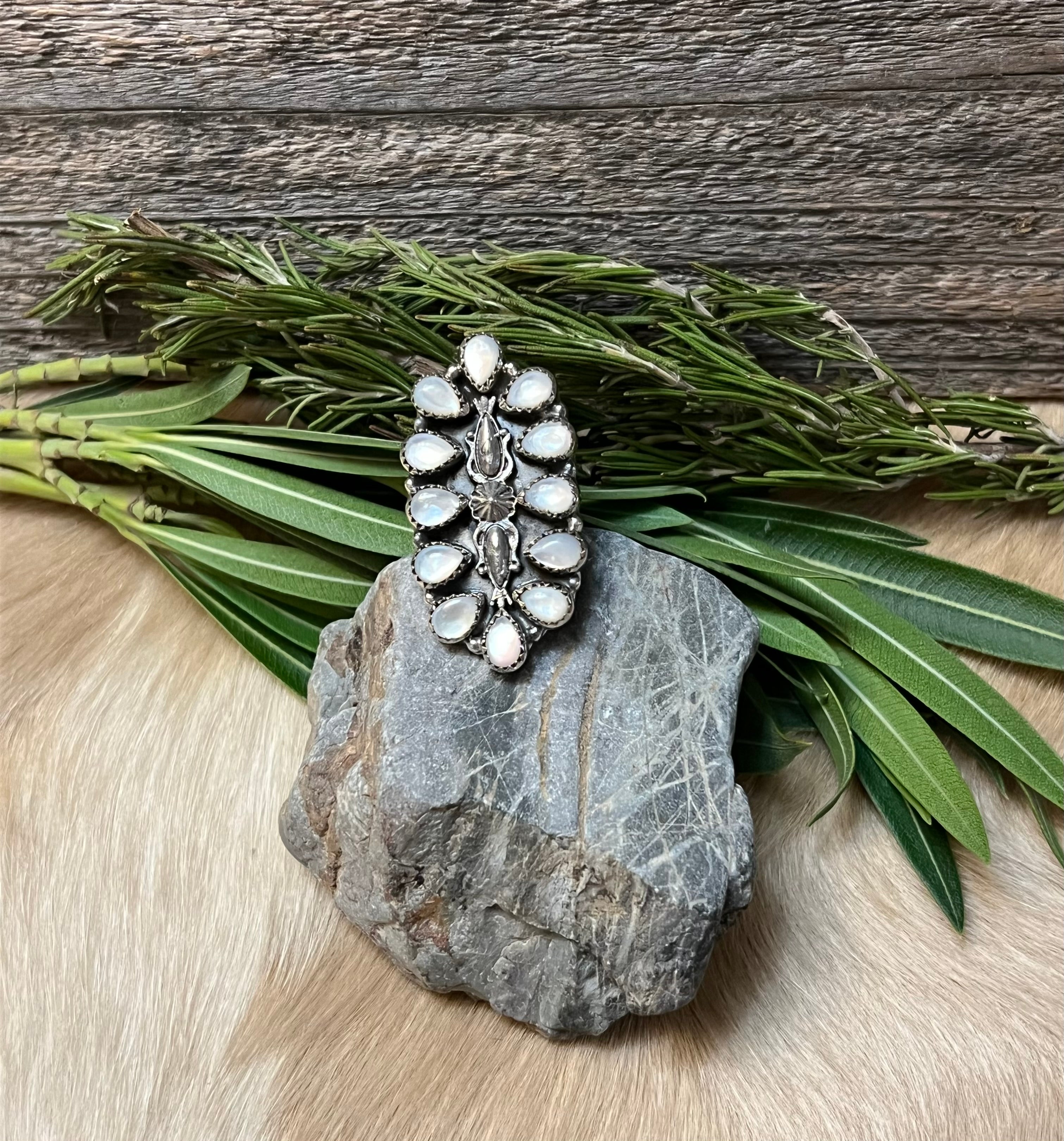 Handmade Mother Of Pearl Sterling Silver Concho Adjustable Statement Ring