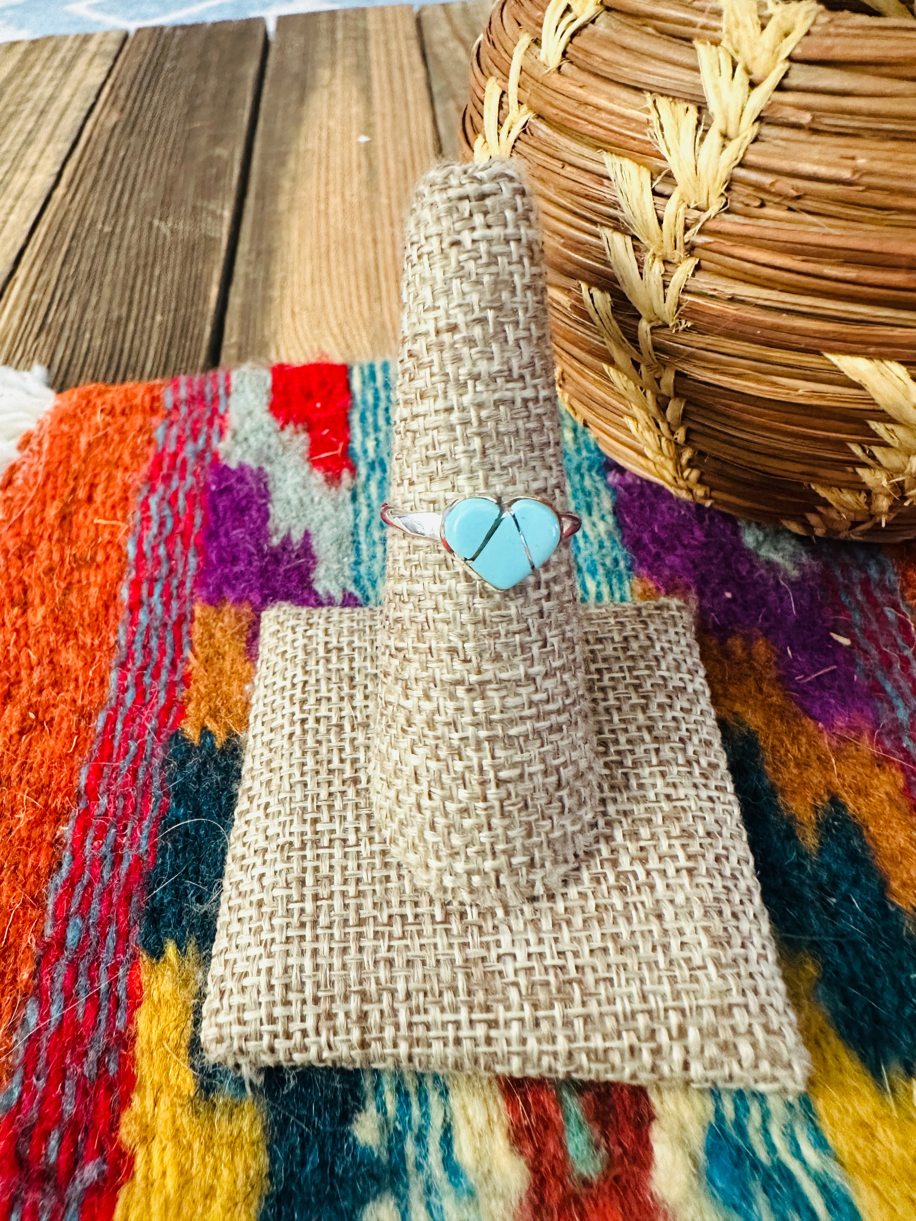 Handcrafted Turquoise & Sterling Silver Inlay Heart Ring Size 7.25