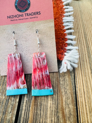 Handcrafted Spiny Oyster, Turquoise Slab Dangle Earrings