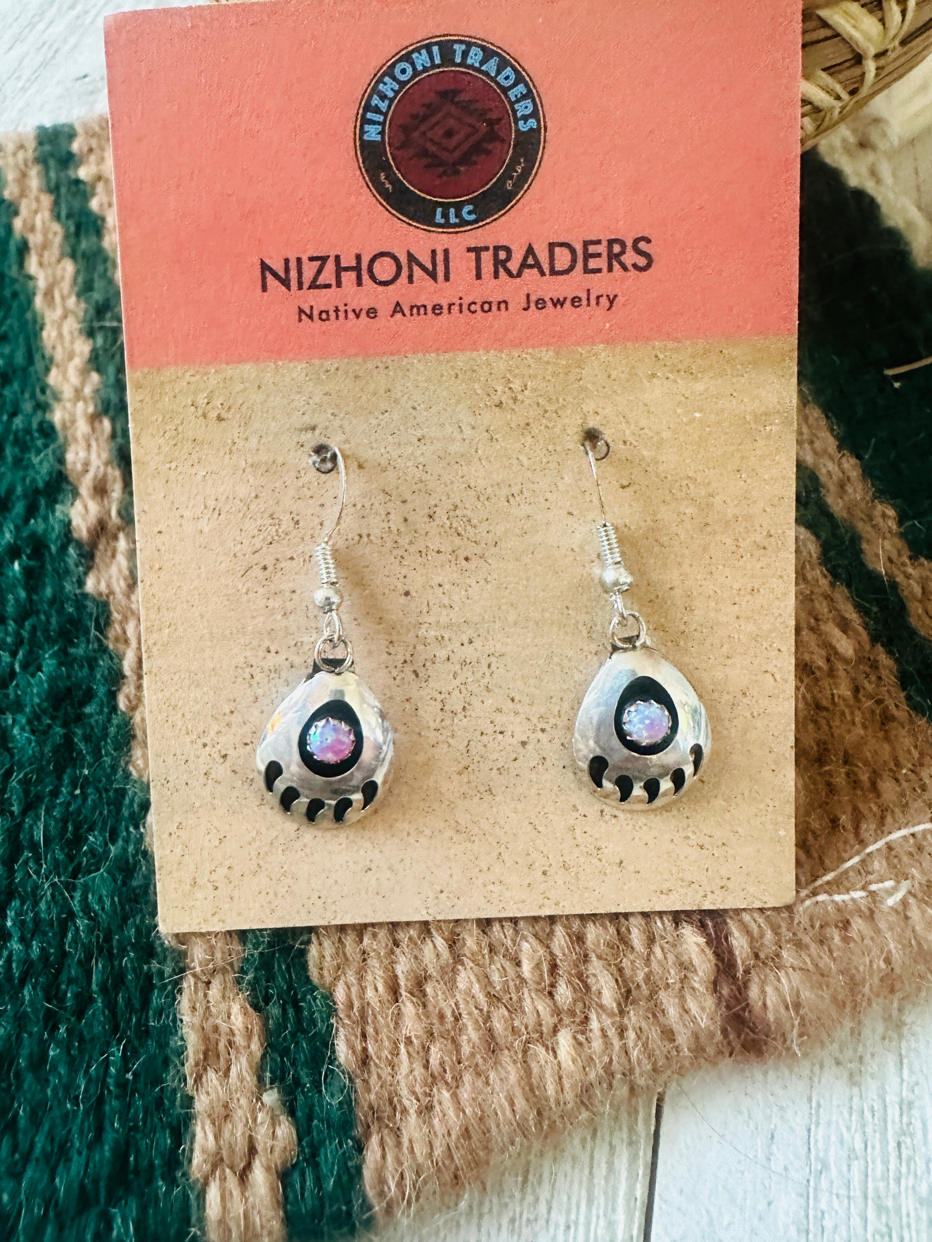 Navajo Light Pink Opal & Sterling Silver Bear Paw Dangle Earrings