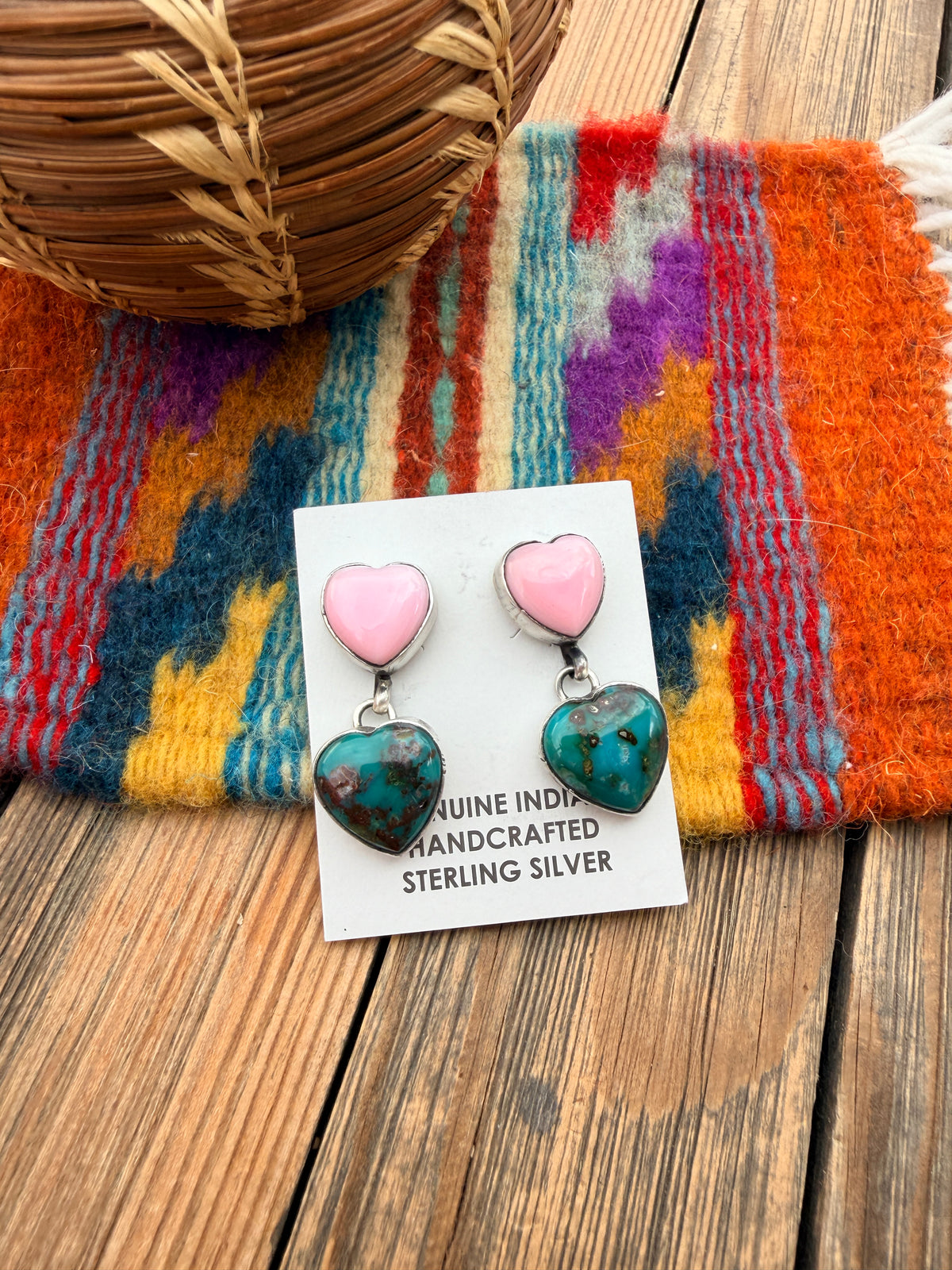Handcrafted Turquoise, Queen Pink Conch & Sterling Silver Heart Dangle Earrings by Marcella James